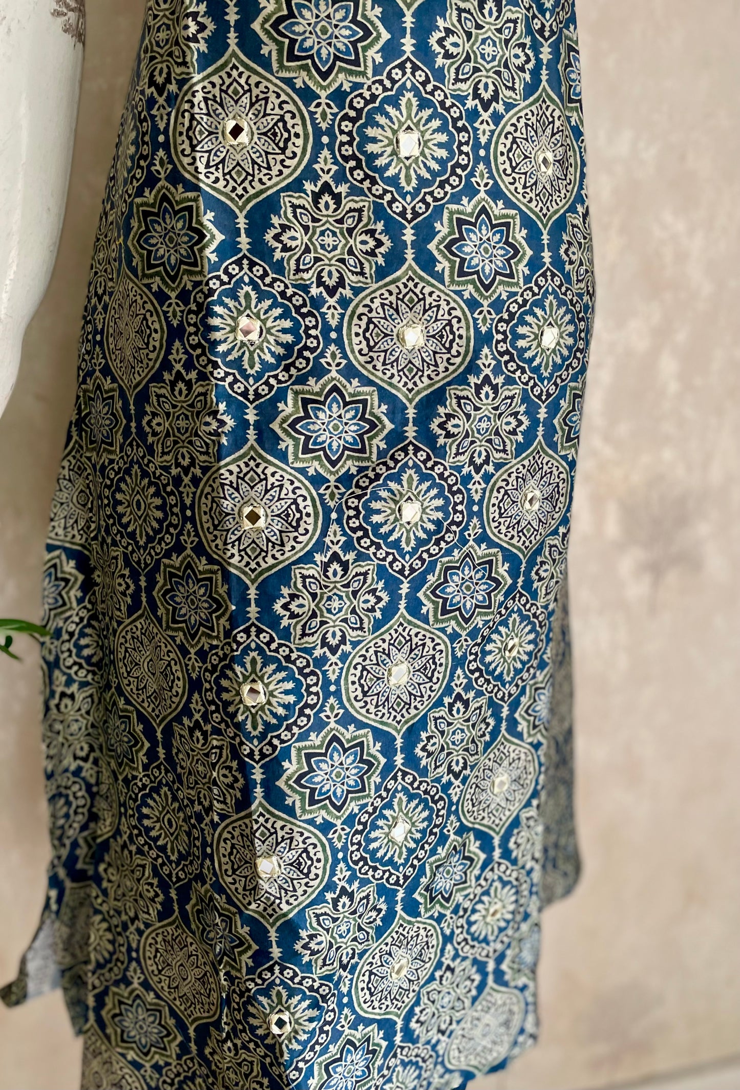 RaasRa Midnight Geometry — Blue Ajrakh Cotton Silk Kurta with Mirror Work — view 6