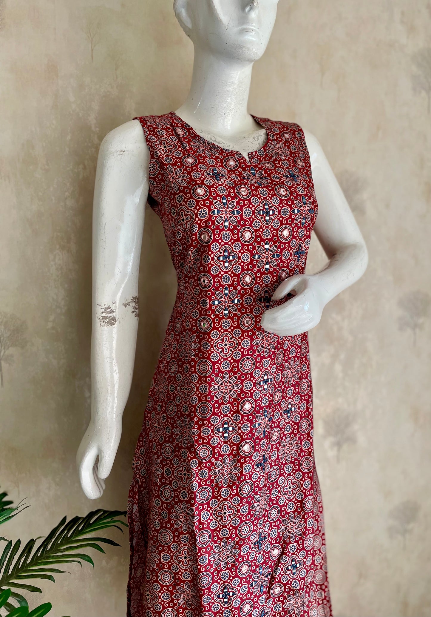 RaasRa Draped in Heritage — Mehroon Ajrakh Mirror Work Cotton Silk Kurta Set — view 6