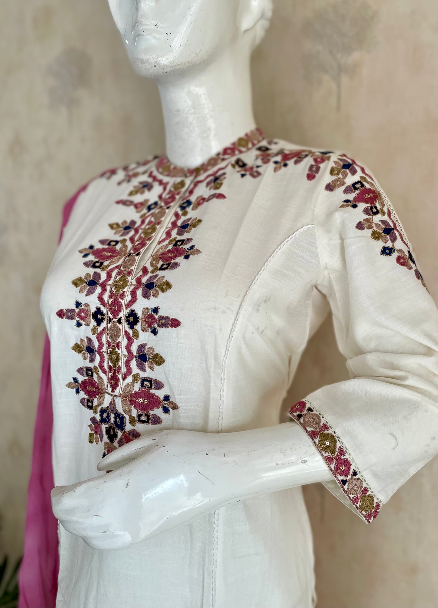 RaasRa Ivory Reverie — White Cotton Silk Kurta Set with Multicolour Embroidery & Rose Dupatta — view 7