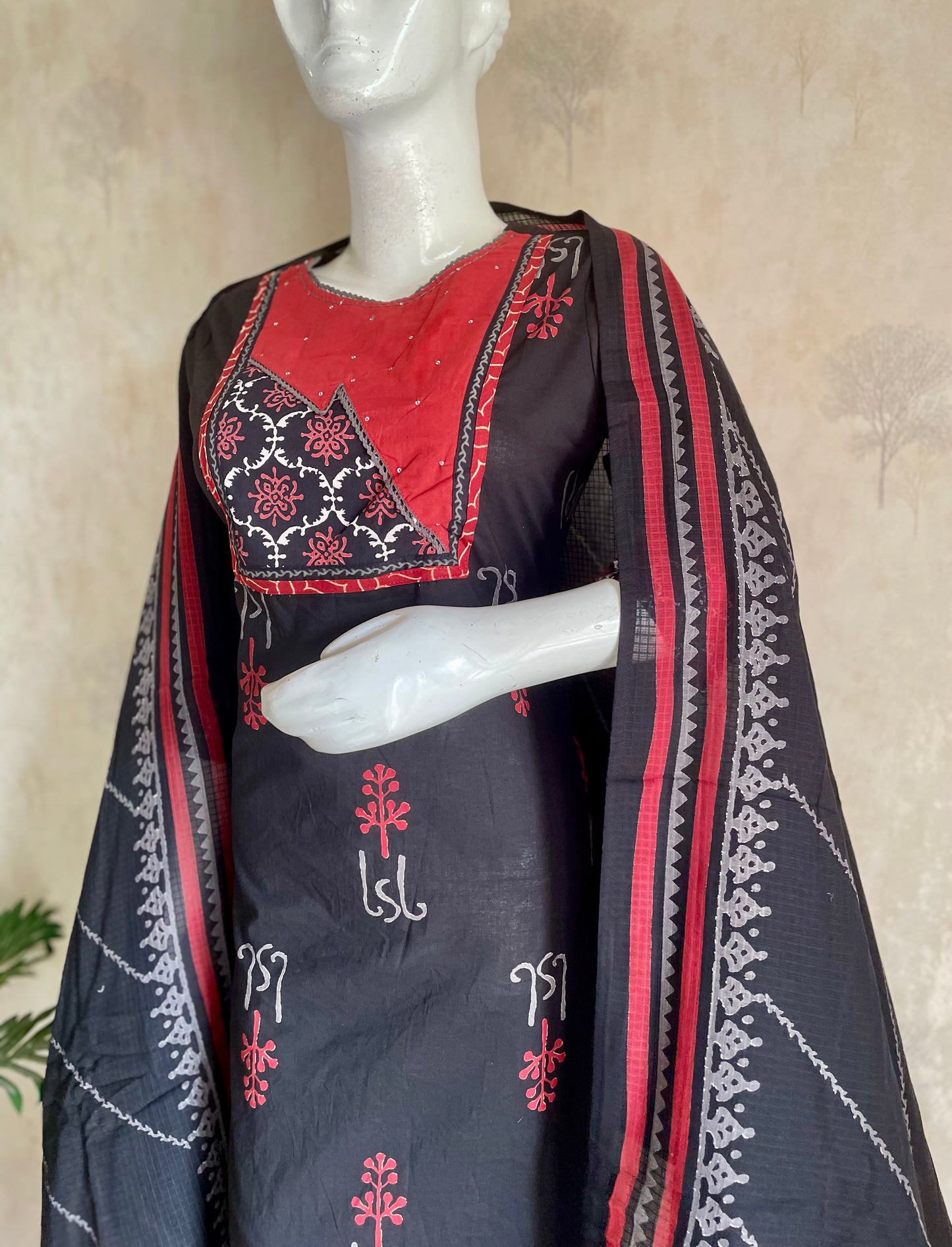 RaasRa Noir Reverie — Black Handblock Cotton Kurta Set with Printed Dupatta — view 8