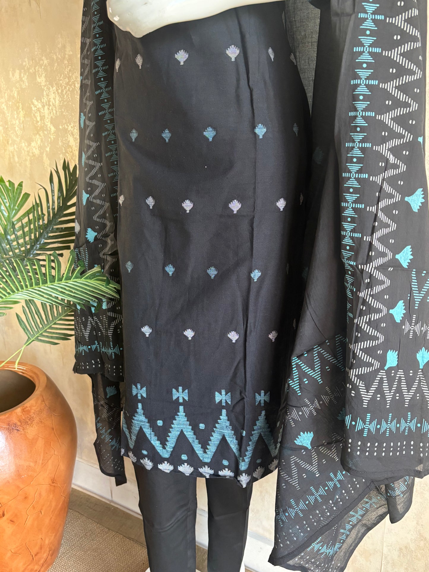 Black Cotton Jamdani Kurta Set
