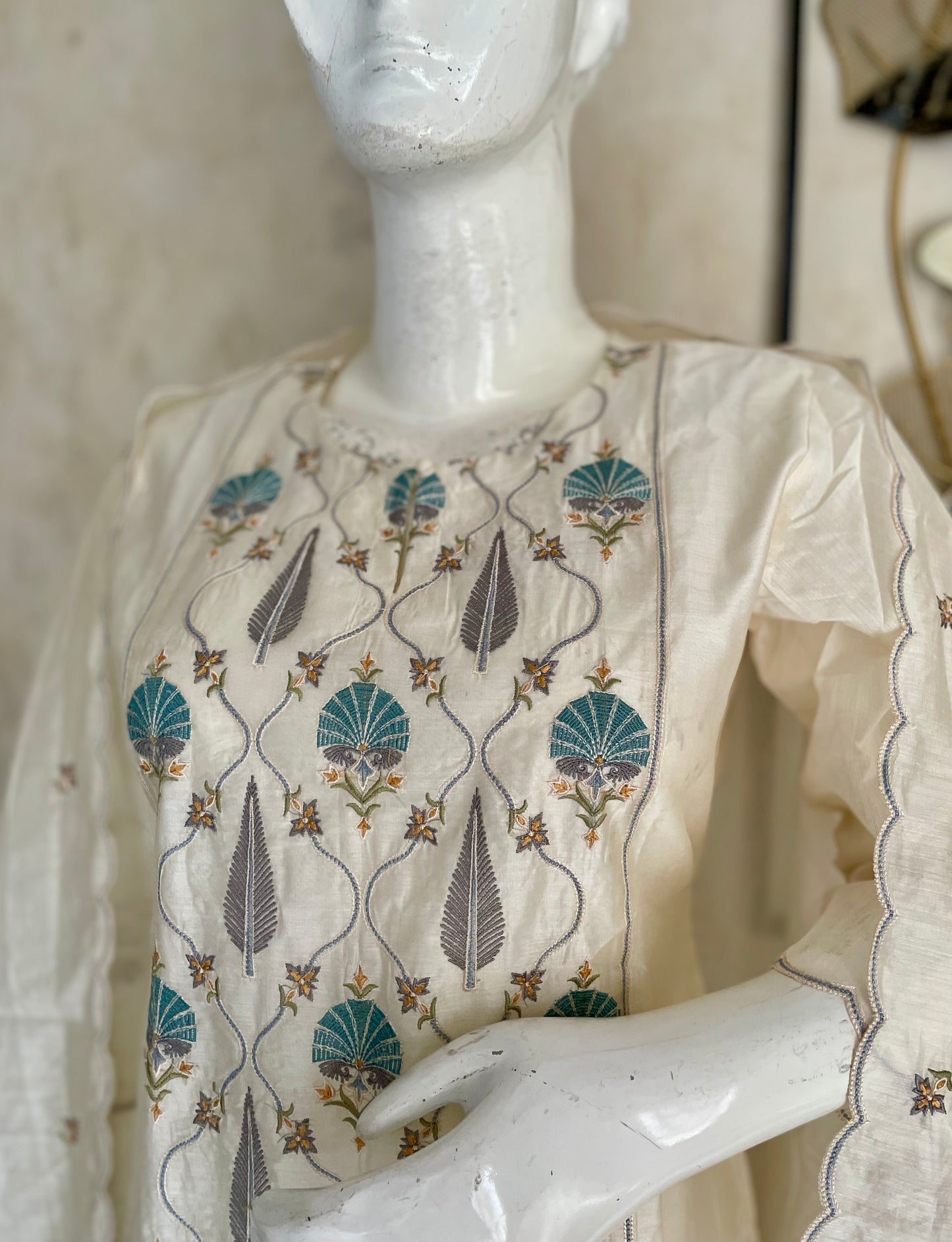 RaasRa Luminous Grace in Pearl White — Chanderi Silk Embroidered Kurta Set — view 5