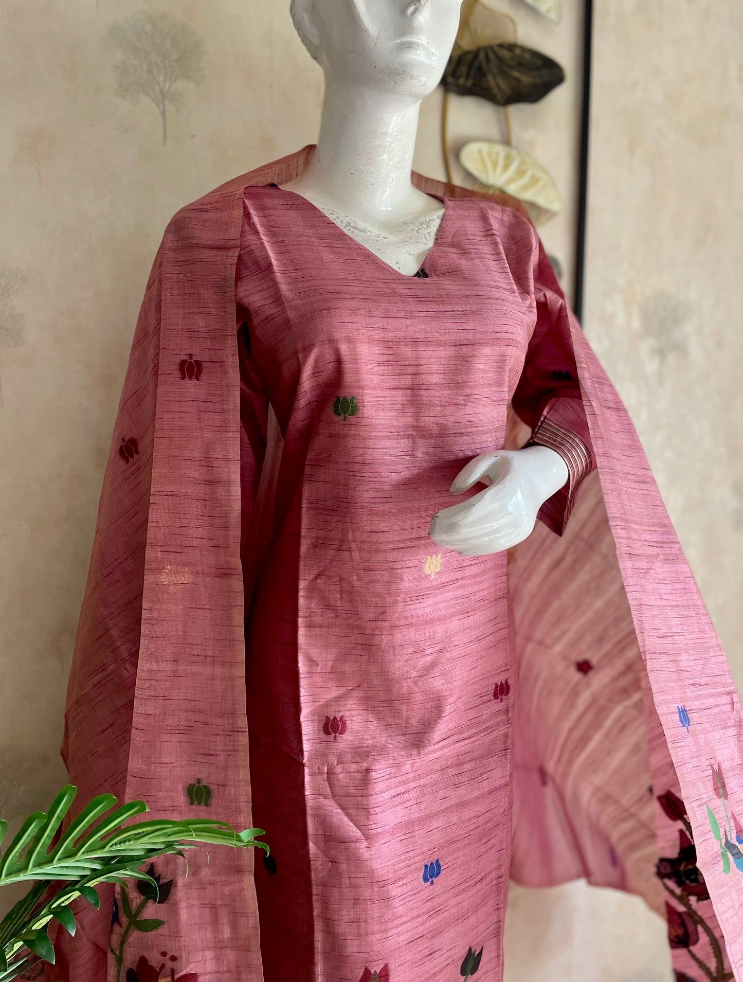 RaasRa Blooms in Blush — Pink Moonga Silk Paithani Kurta Set — view 7