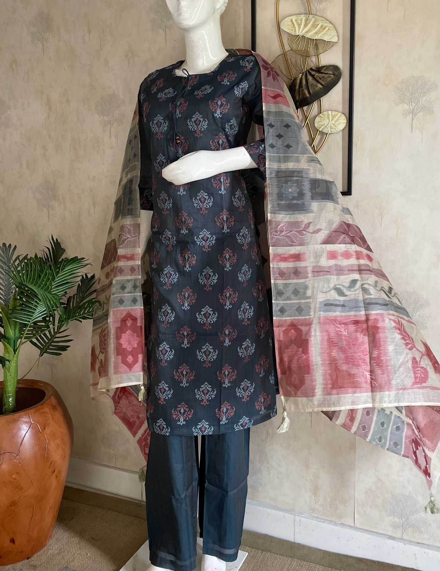 Midnight Garden in Grey — Chanderi Silk Kurta Set with Printed Dupatta