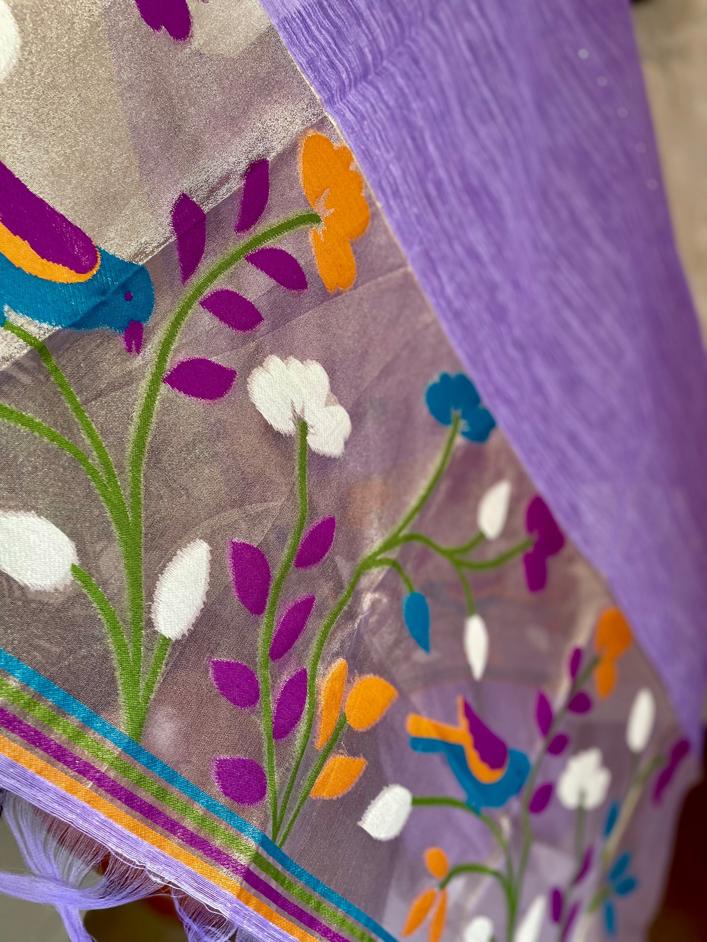 Birds of Feathers Lavender Paithani Muga Silk Suit Set