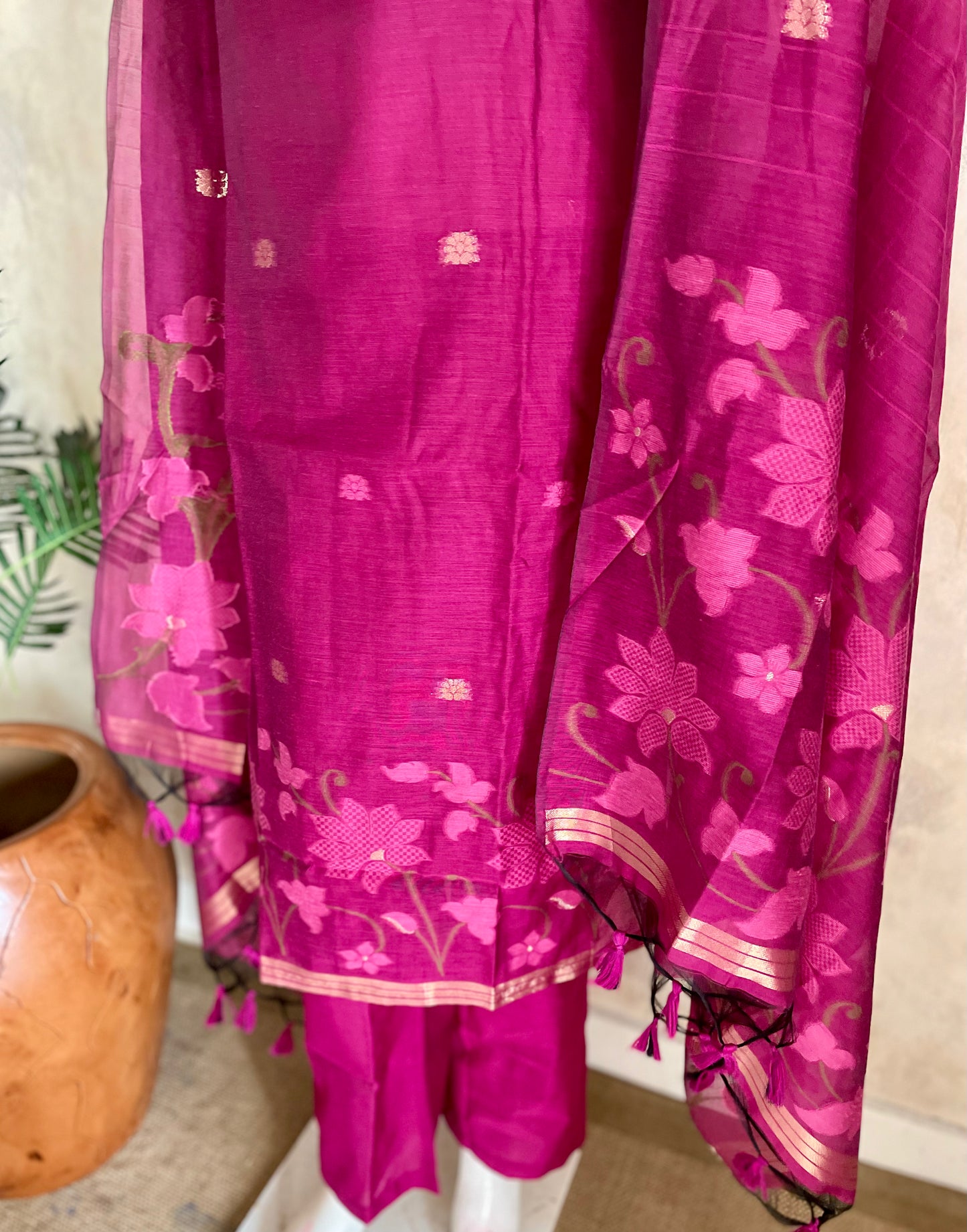 Dewy Bloom Rani Pink Muga Silk Jaamdani Suit Set