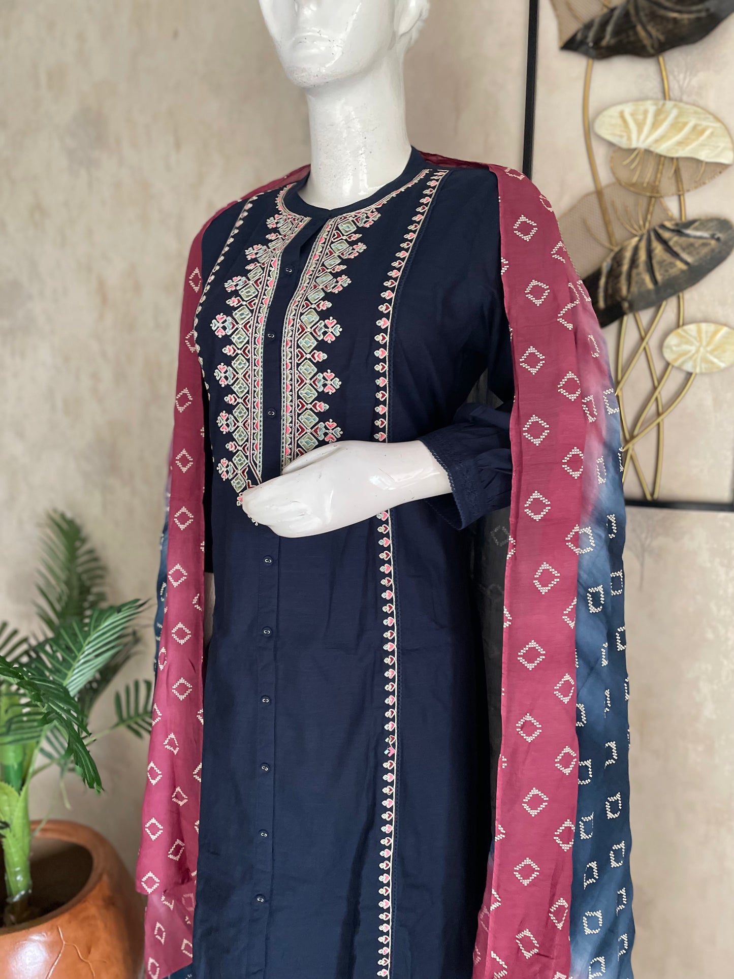 Navy Blue A-Line Handloom Cotton Kurta Set