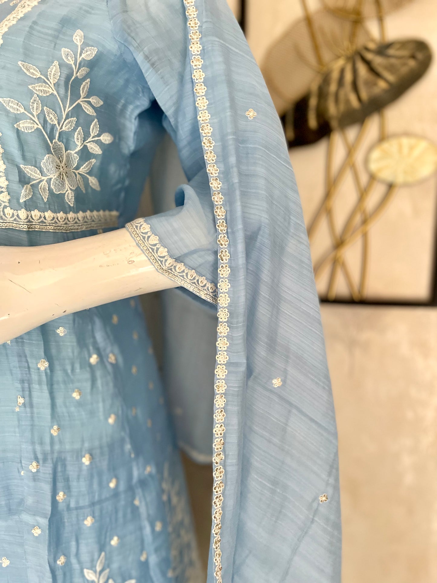 Sky Blue Mul Chanderi Kurta Set