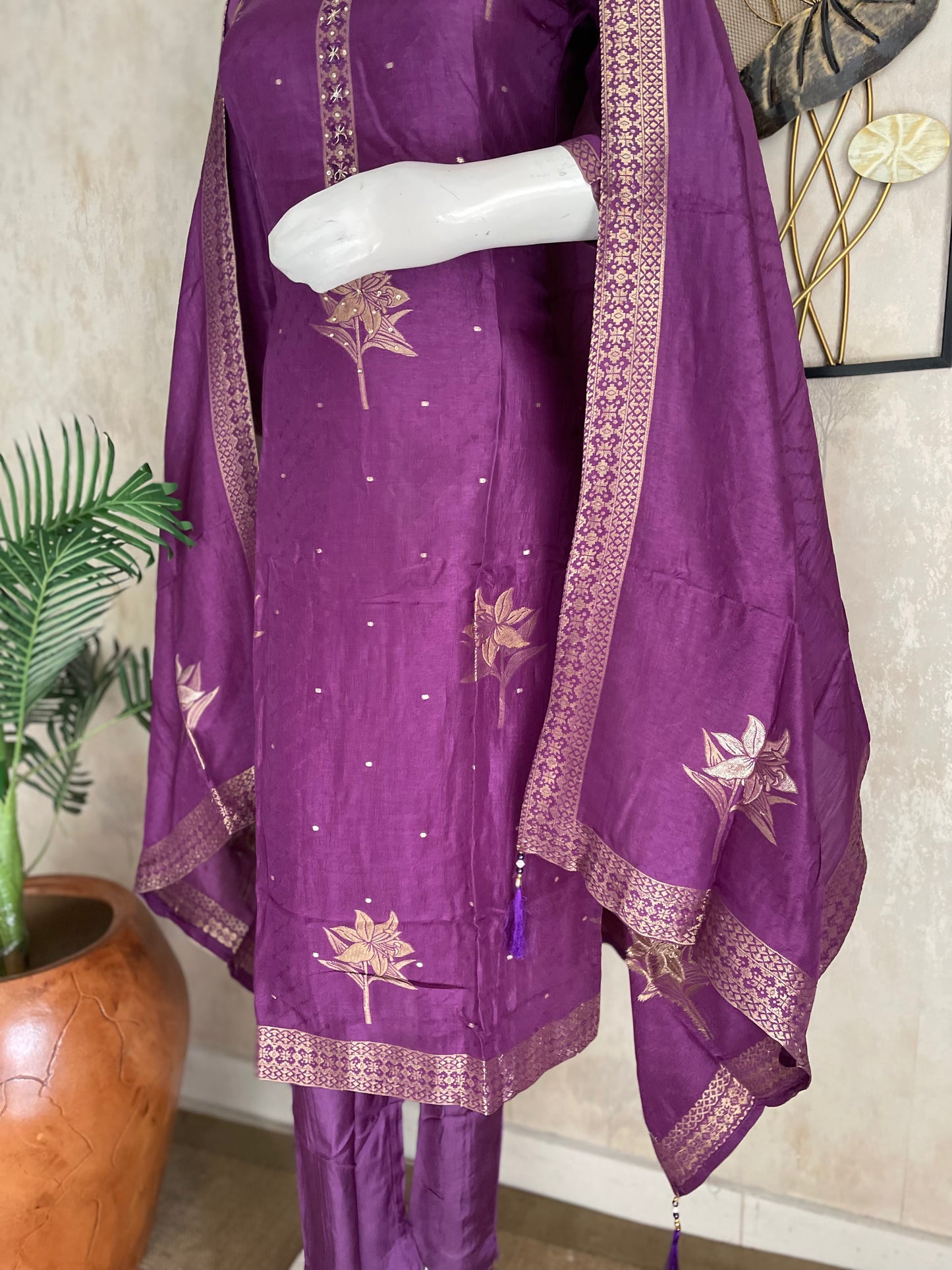 Banarsi Purple Silk Kurta Set with handwork