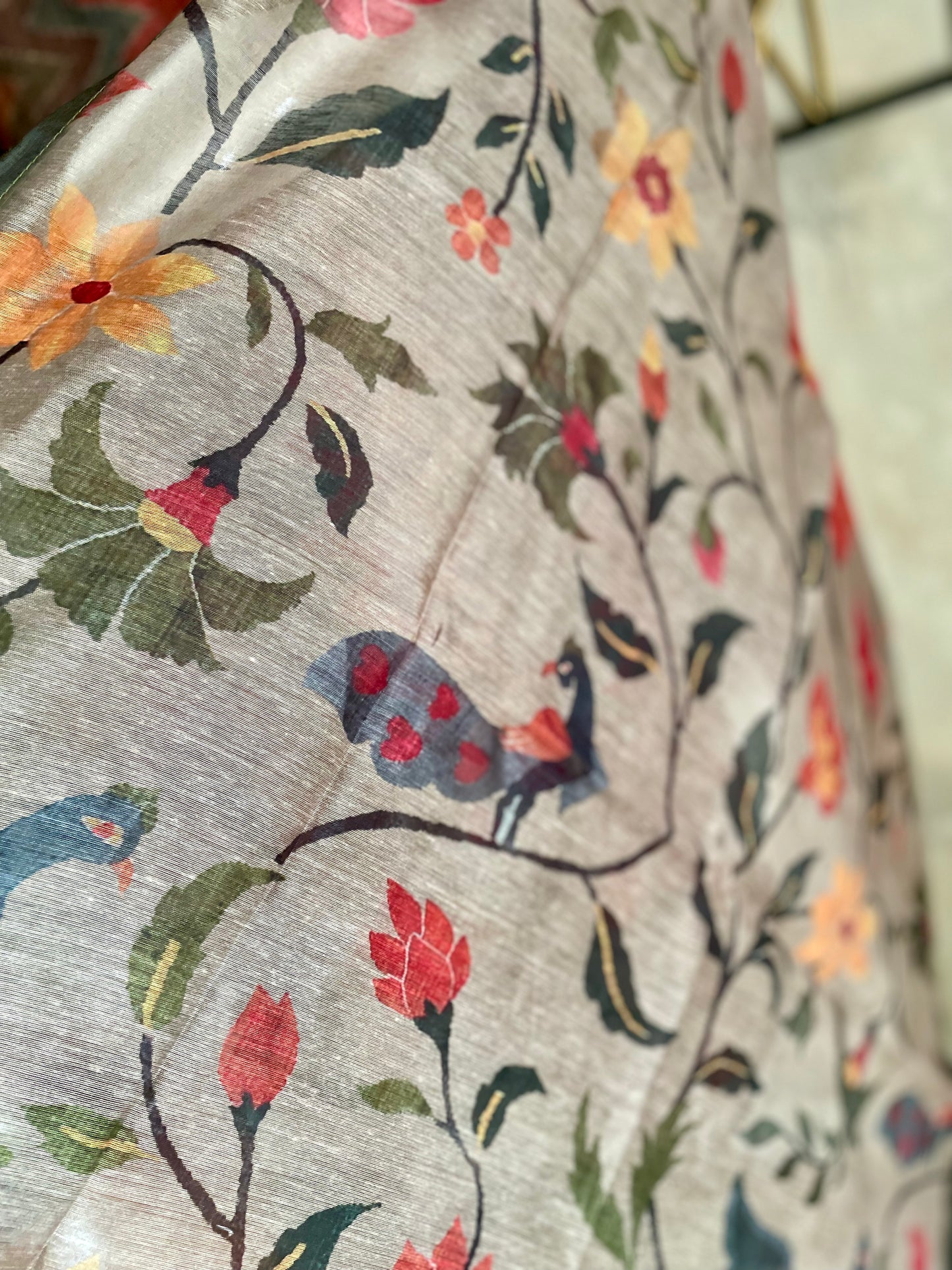 Brown Printed Linen Kurta Set with Kalamkari Dupatta