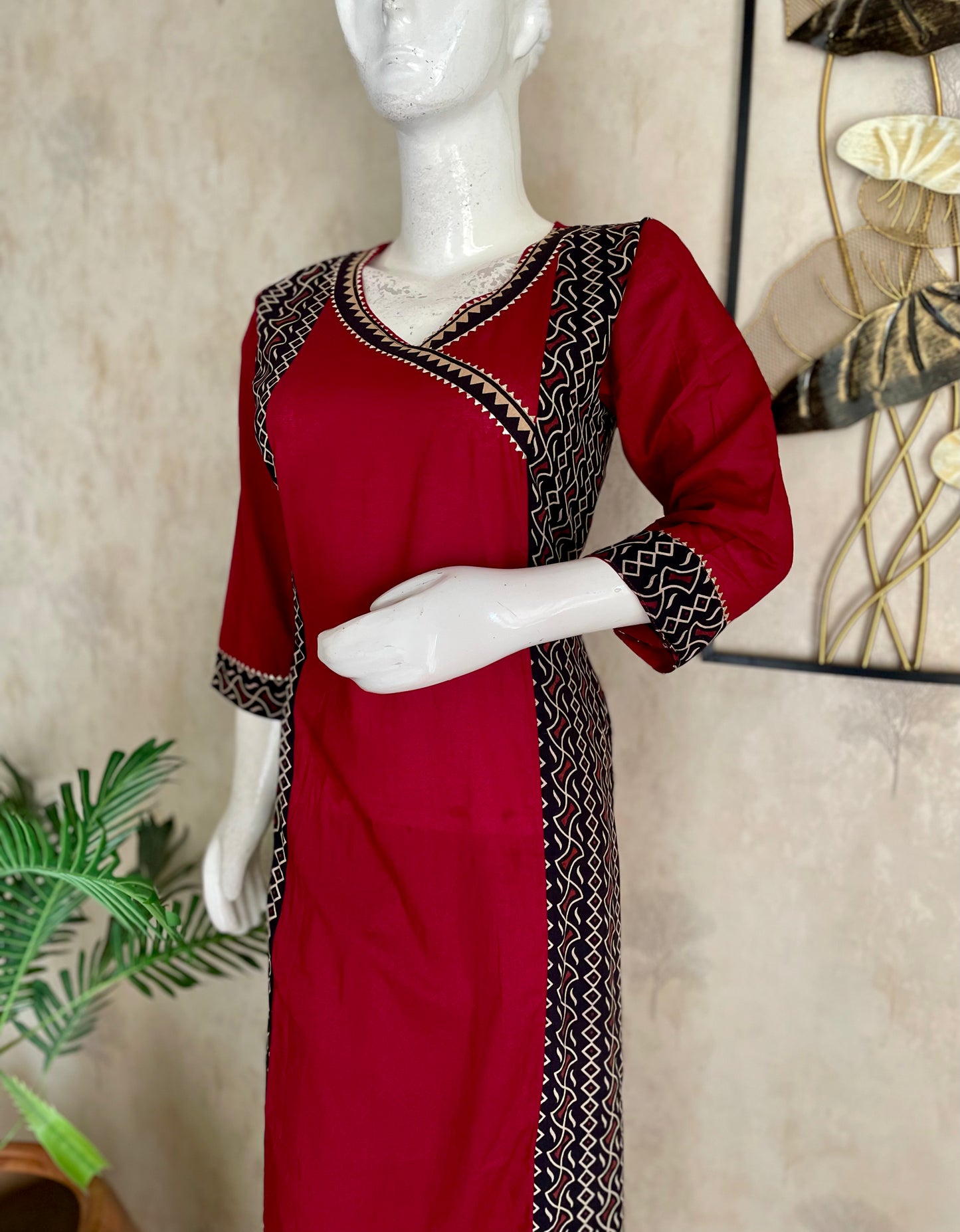 Mehroon & Black A-Line Angrakha Style Cotton Kurta Set