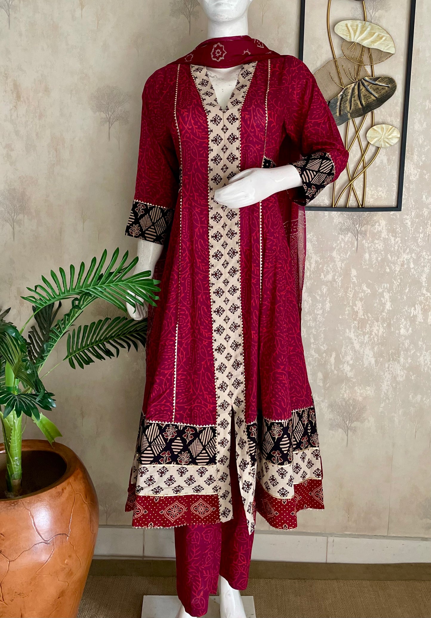 Wine Bagh Handblock Print Anarkali with Pure Dupatta