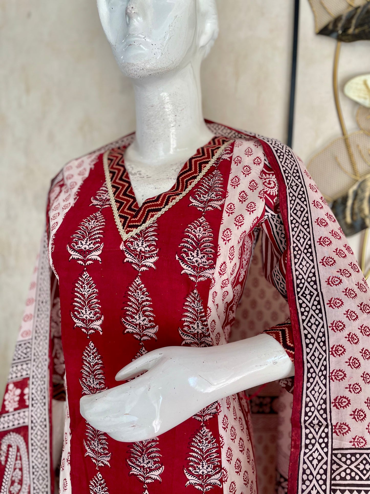 Mehroon & White Bagh Handblock A-Line Kurta Set