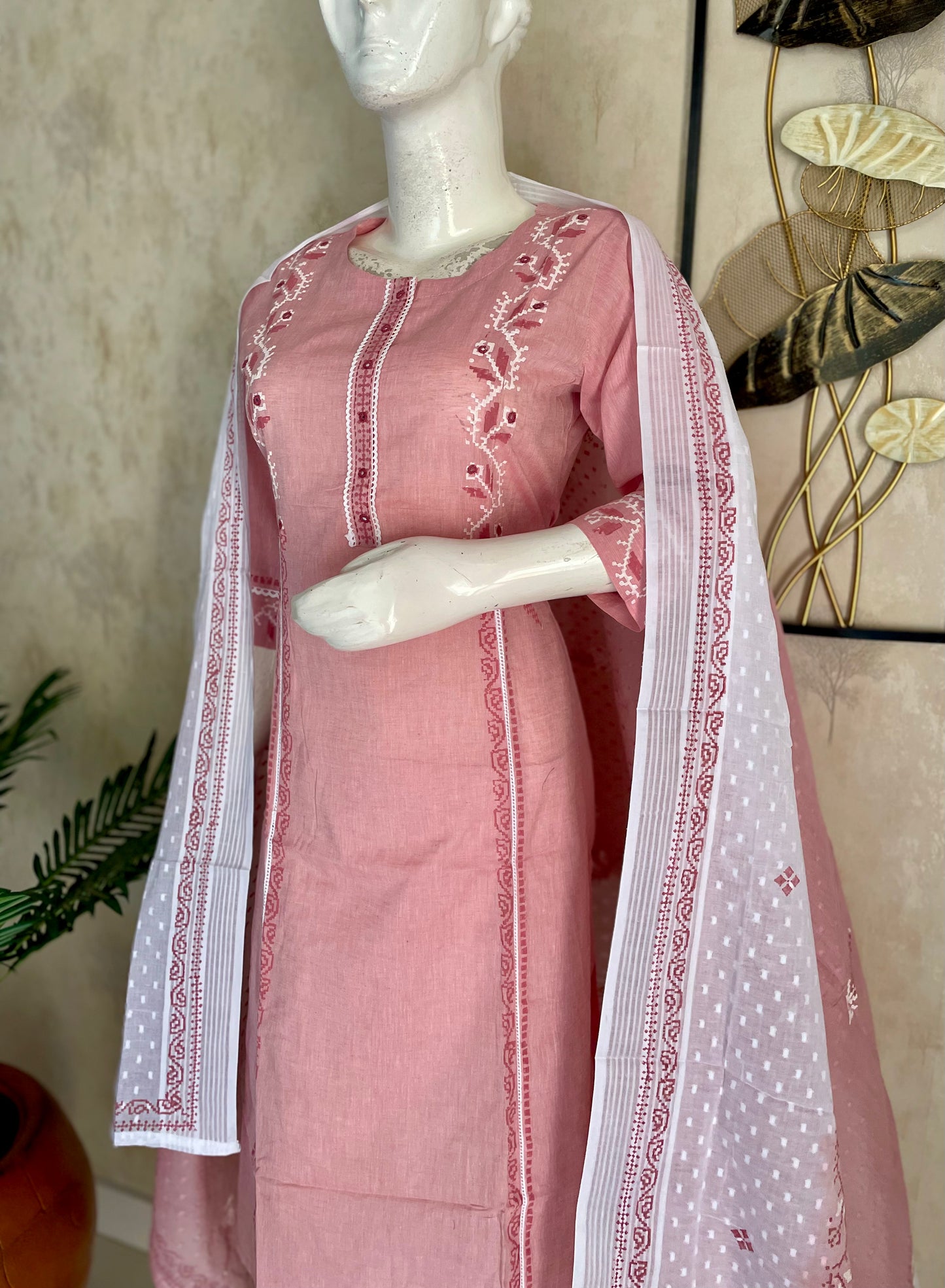 Pink & White Grace – Handblock A-Line Kurta Set