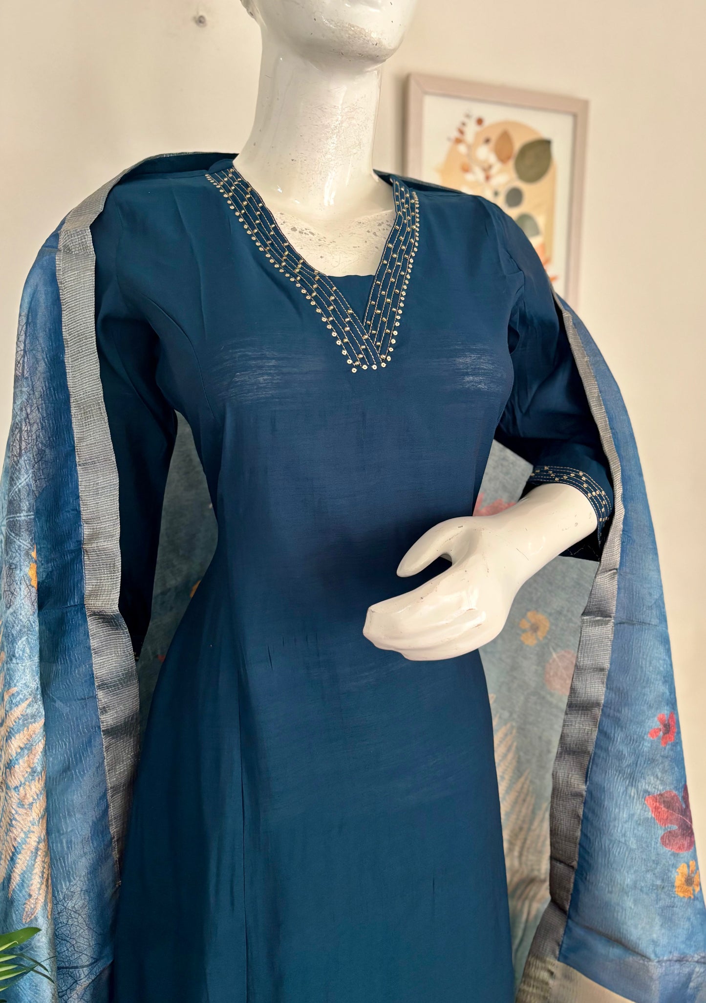 Teal Blue Pure Silk A-Line Kurta Set