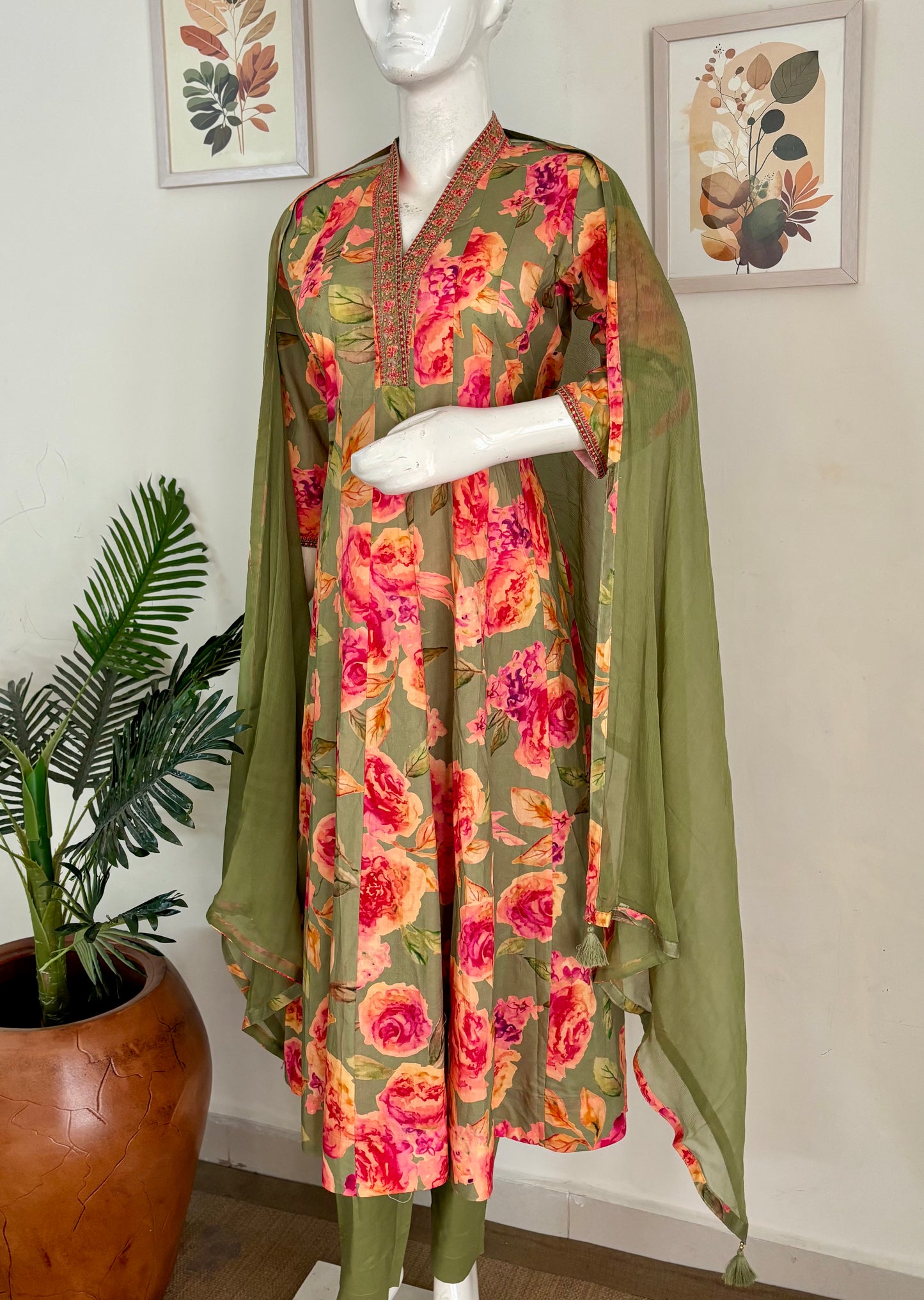Green Floral Pure Cotton Anarkali Kurta Set