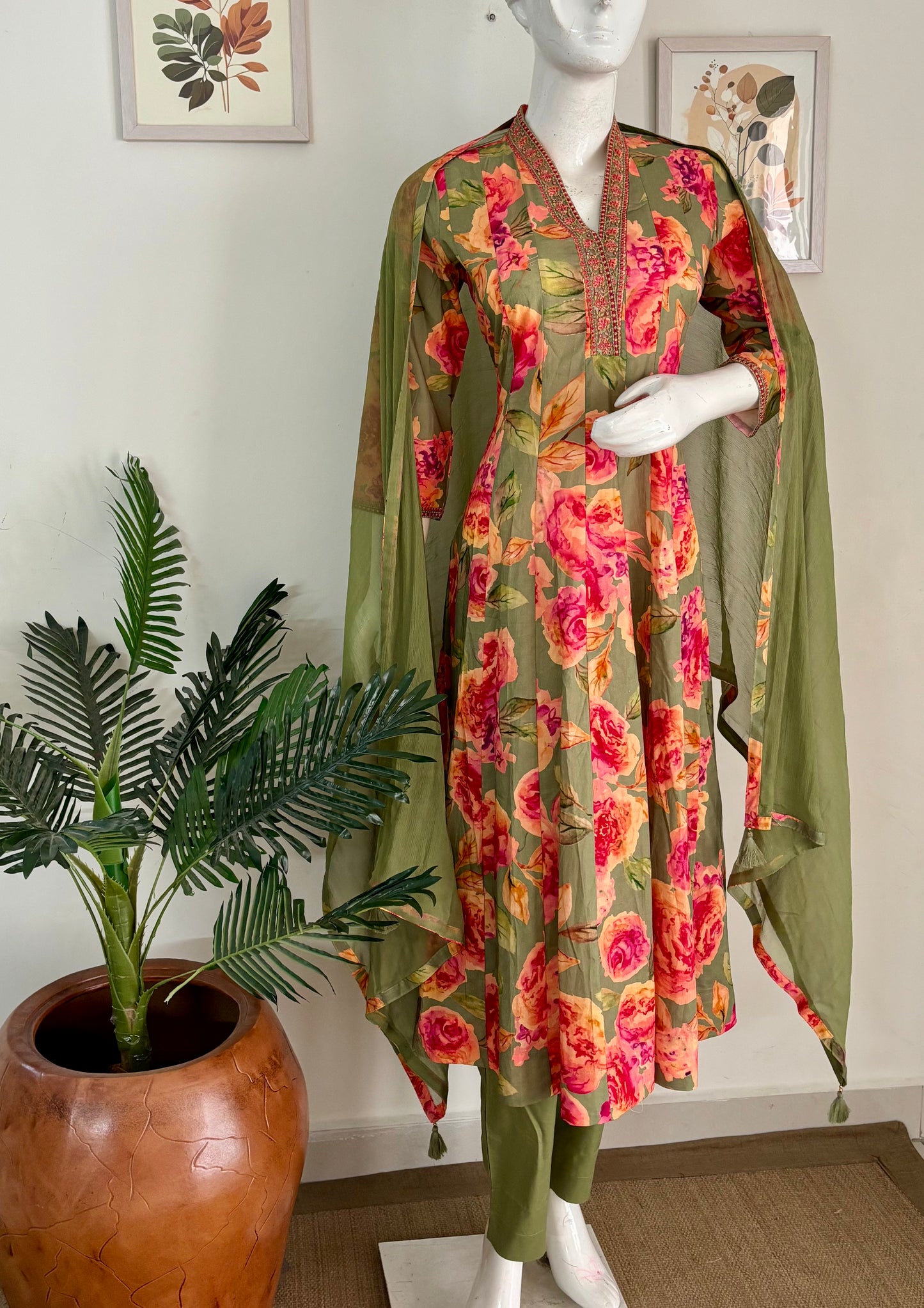 Green Floral Pure Cotton Anarkali Kurta Set