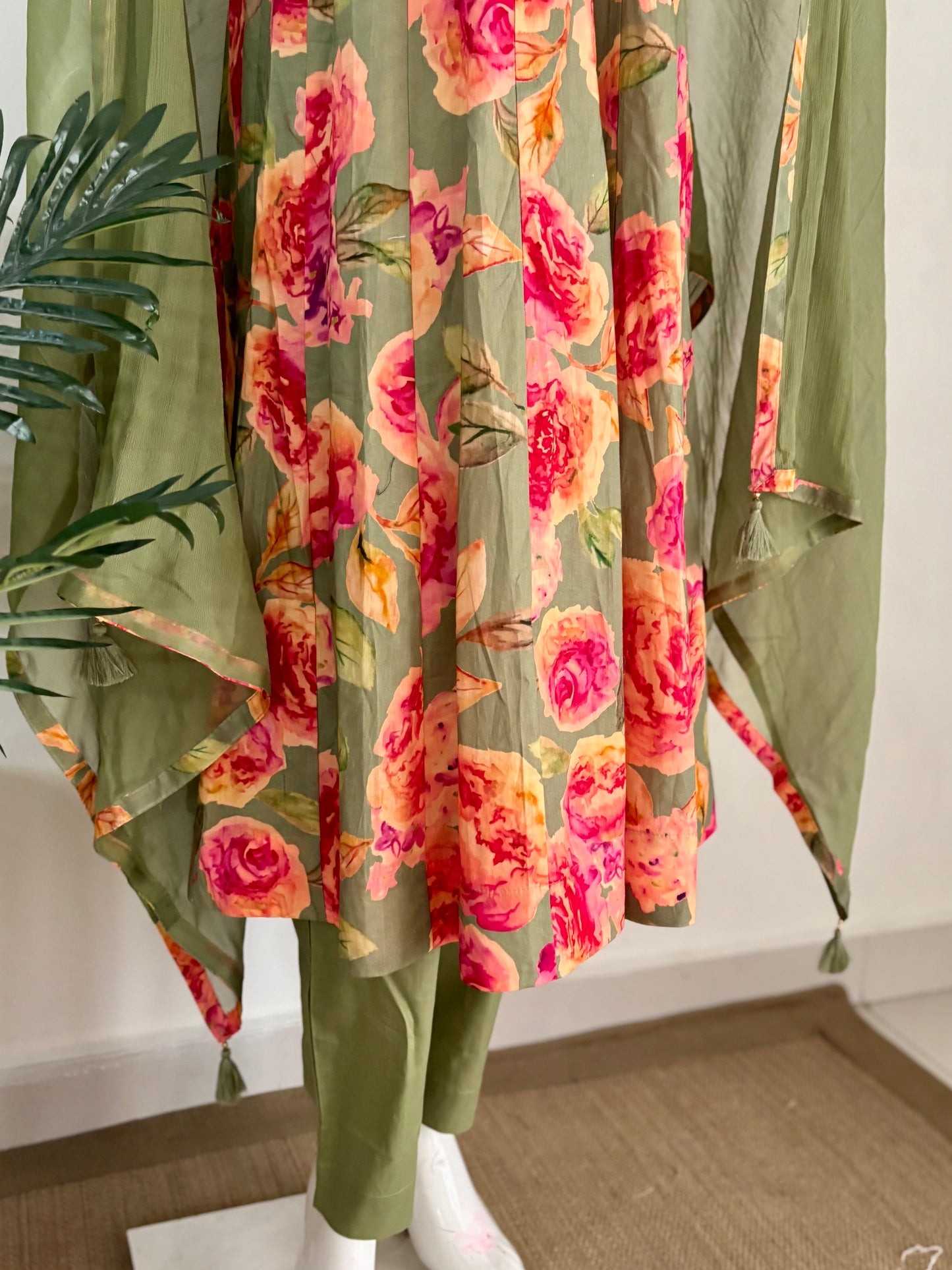 Green Floral Pure Cotton Anarkali Kurta Set