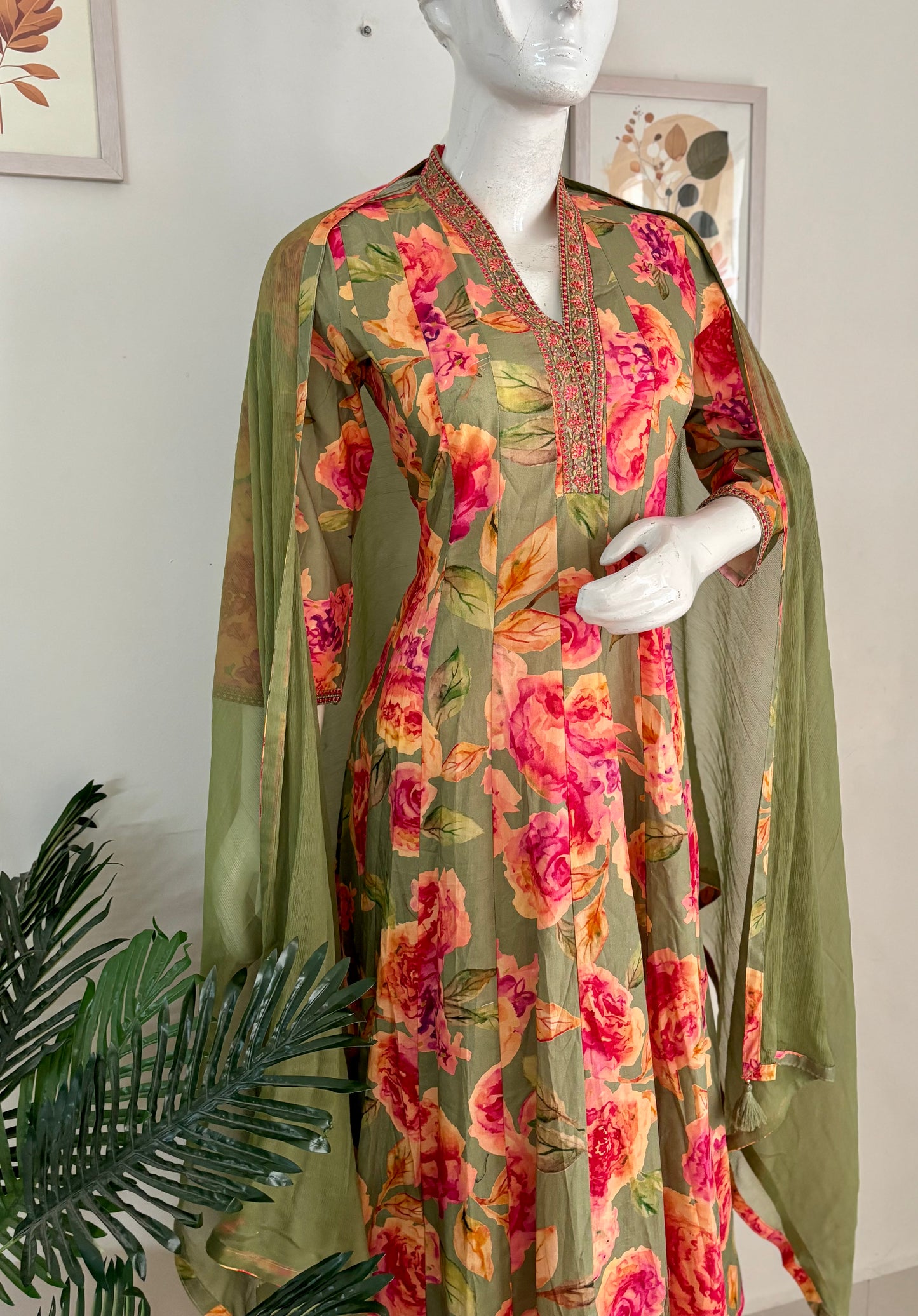 Green Floral Pure Cotton Anarkali Kurta Set