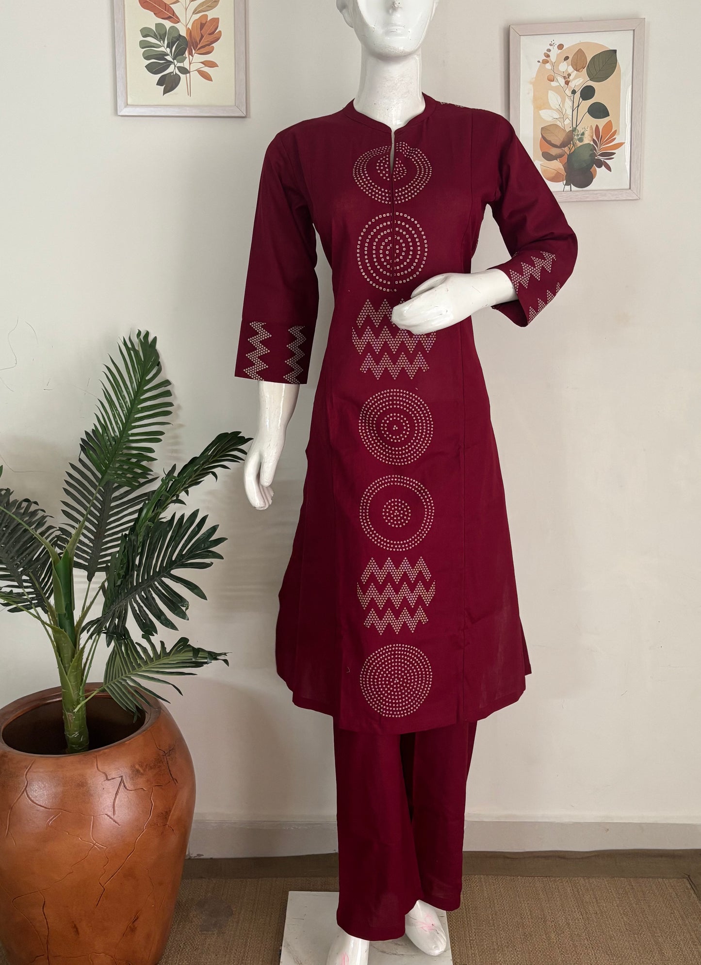 Mehroon Handloom Cotton A-Line Kurta