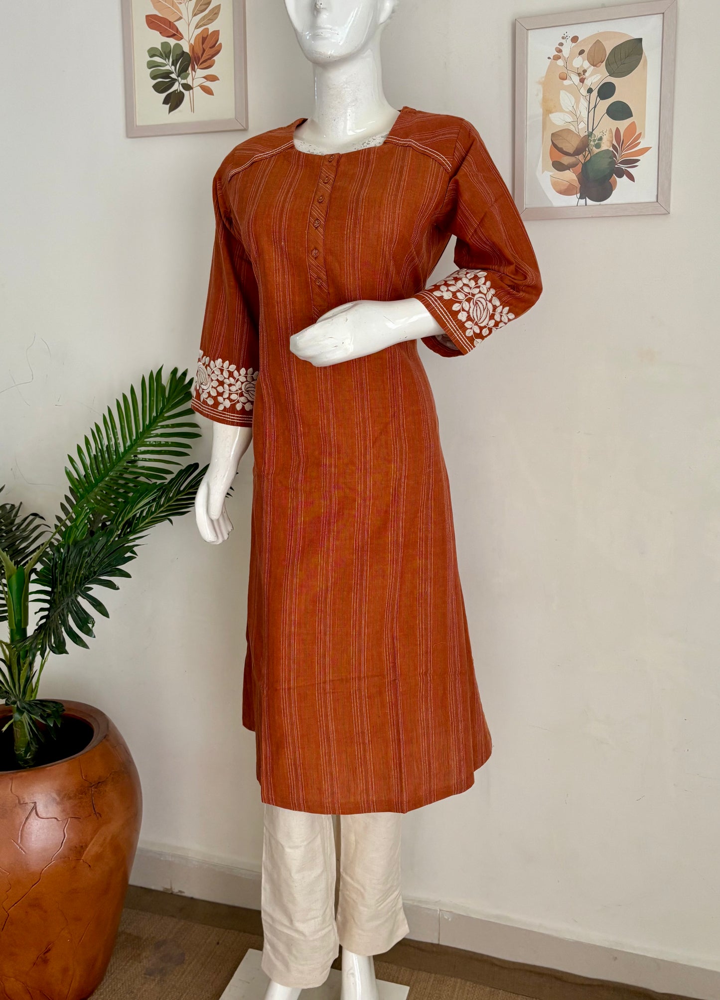 Orange Pure Handloom Cotton Kurta Set