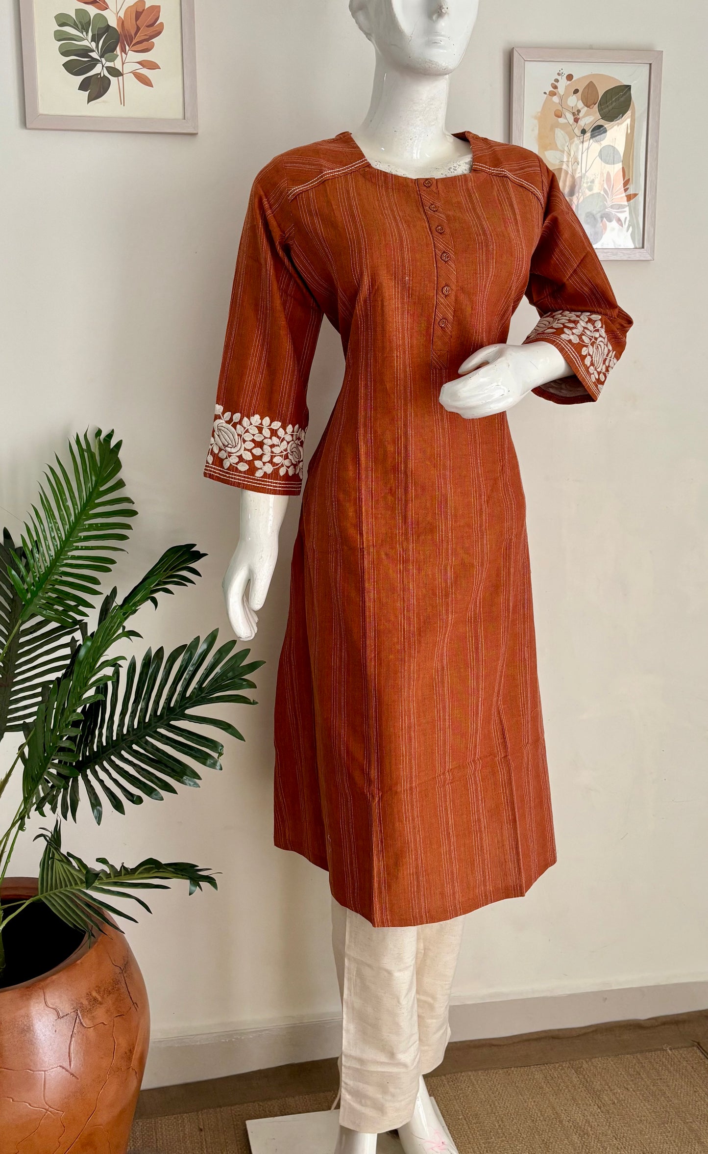 Orange Pure Handloom Cotton Kurta Set