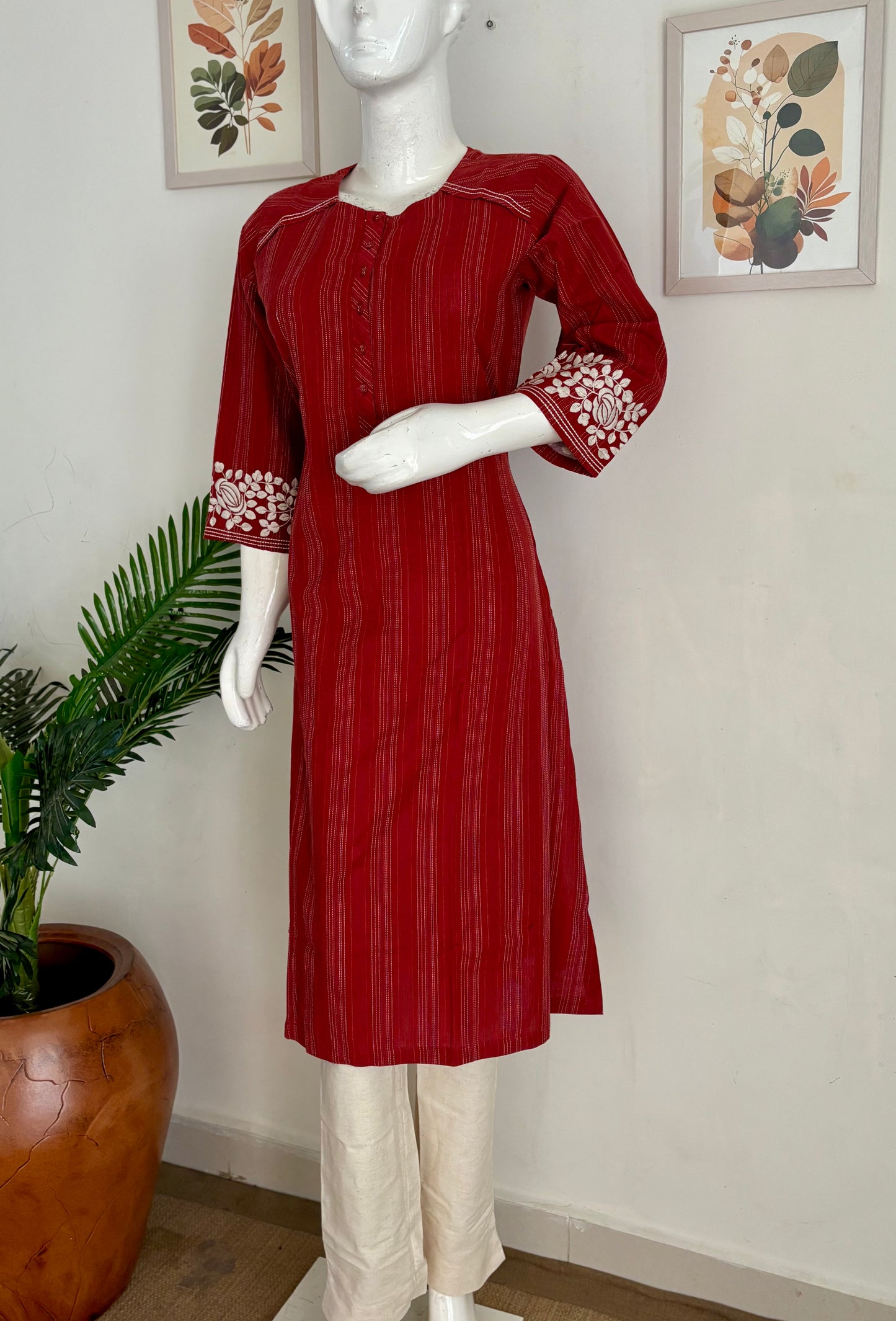 Mehroon Pure Handloom Cotton Kurta Set