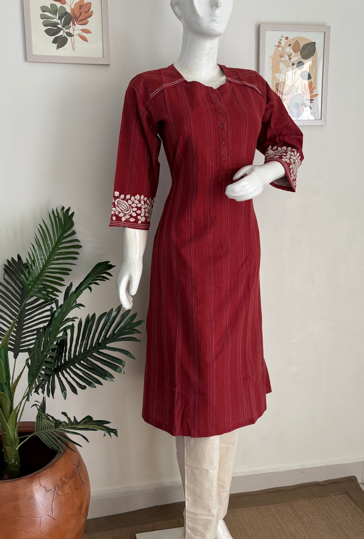 Mehroon Pure Handloom Cotton Kurta Set