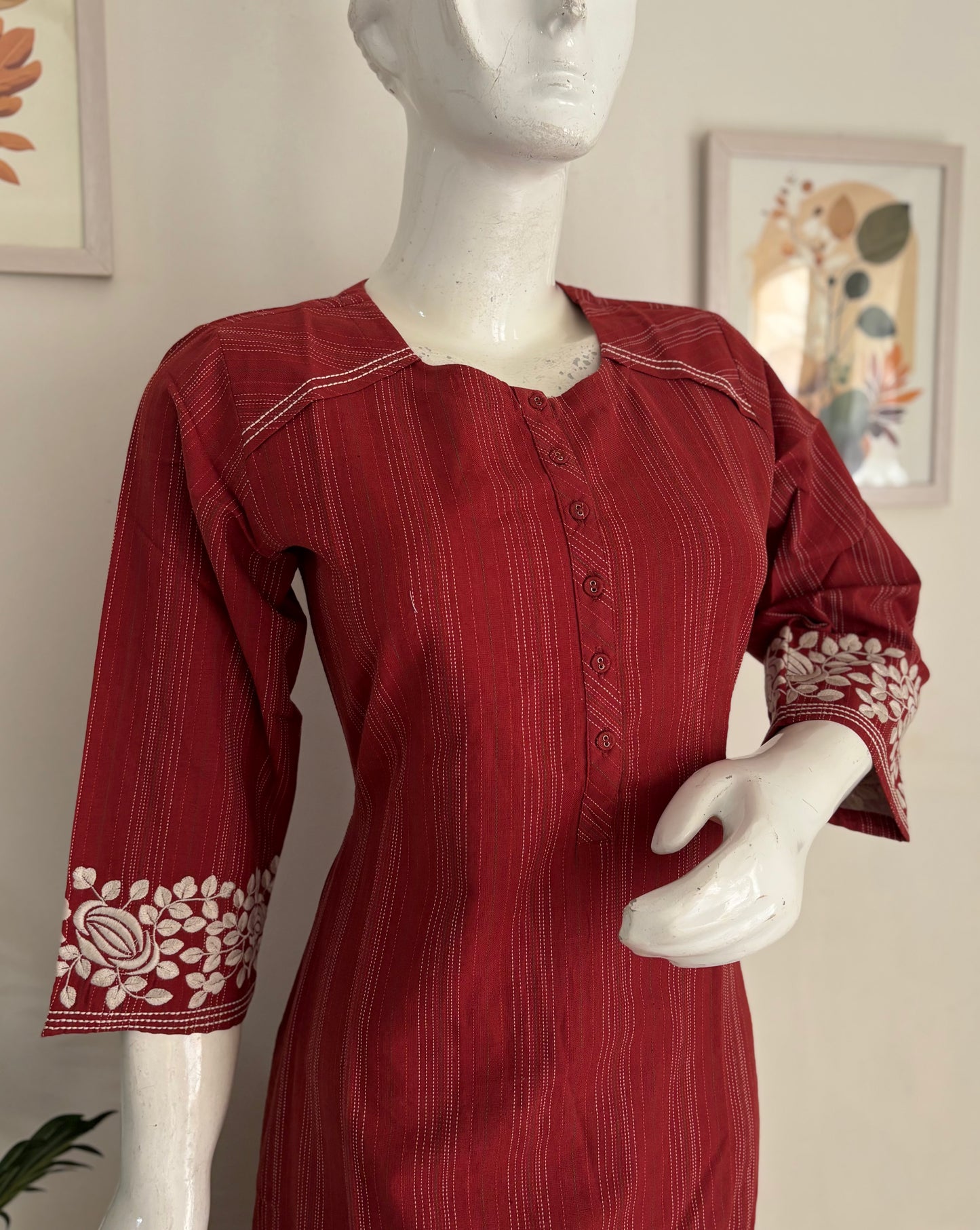 Mehroon Pure Handloom Cotton Kurta Set