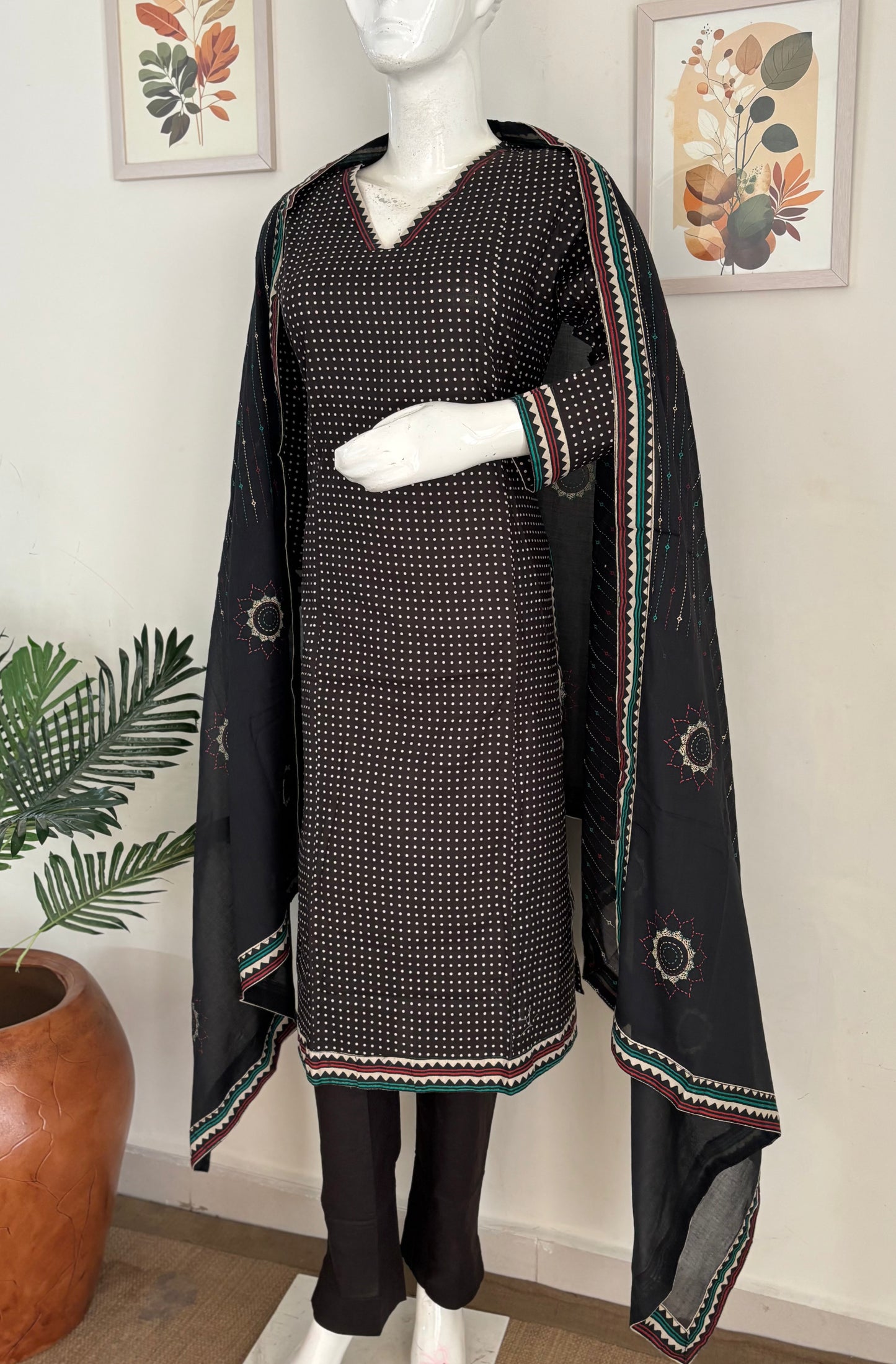 Black Handloom Cotton A-Line Kurta Set