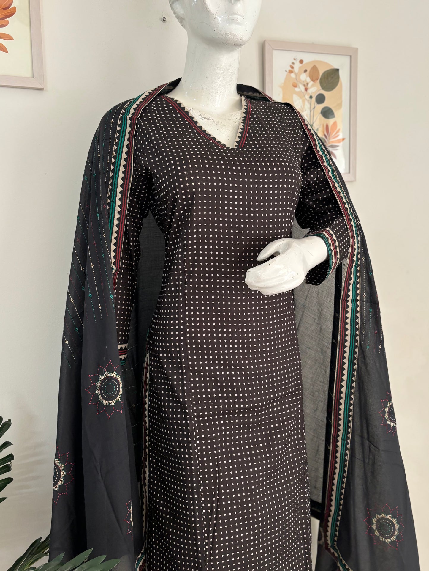 Black Handloom Cotton A-Line Kurta Set