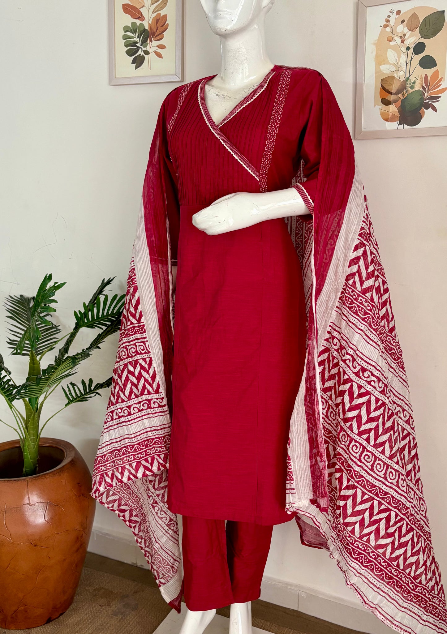 Red & White Pure Cotton Kurta Set