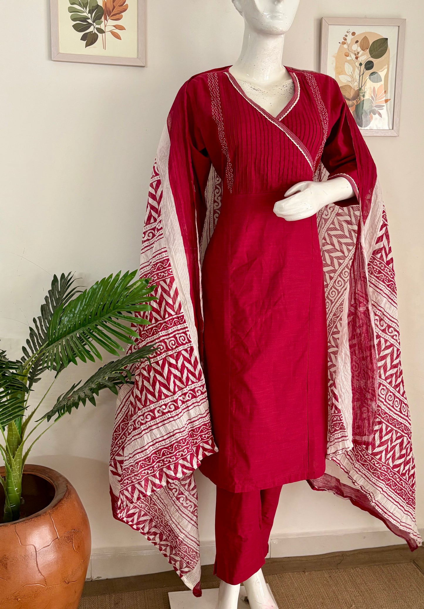 Red & White Pure Cotton Kurta Set