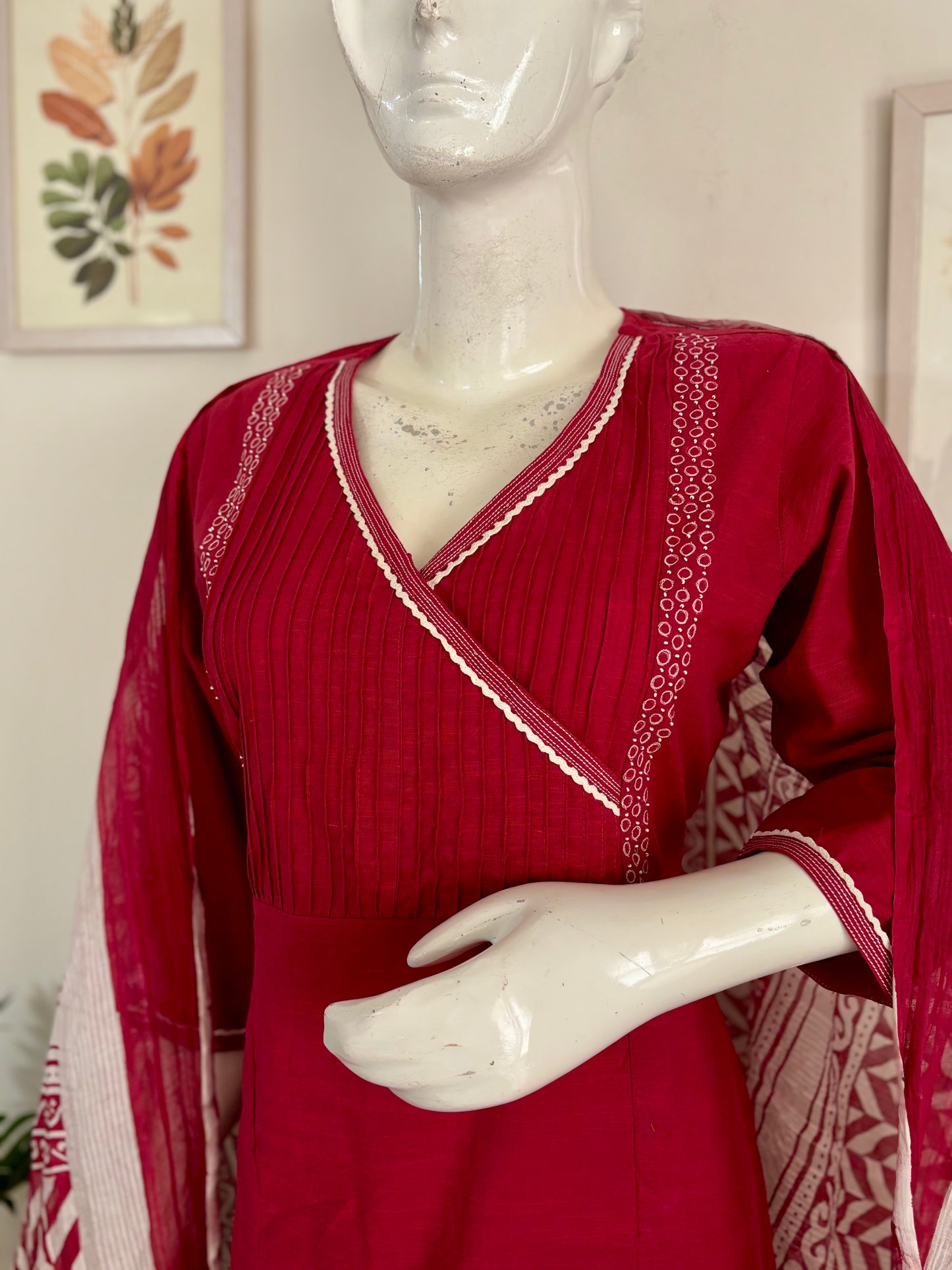 Red & White Pure Cotton Kurta Set