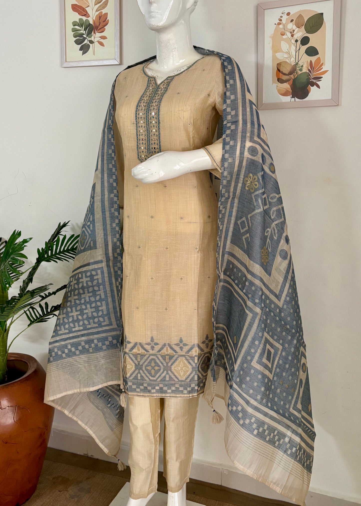 Elegant Linen Chanderi Silk Kurta Set