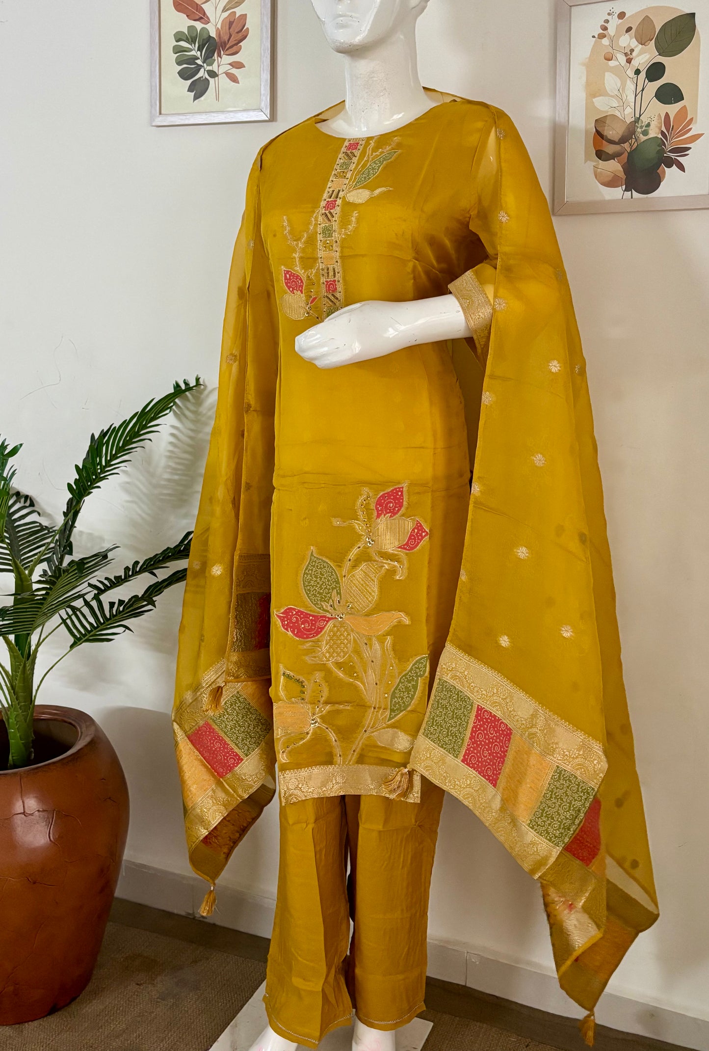 Festive Bloom – Mustard Yellow Organza Silk Set with Banarasi Weaves