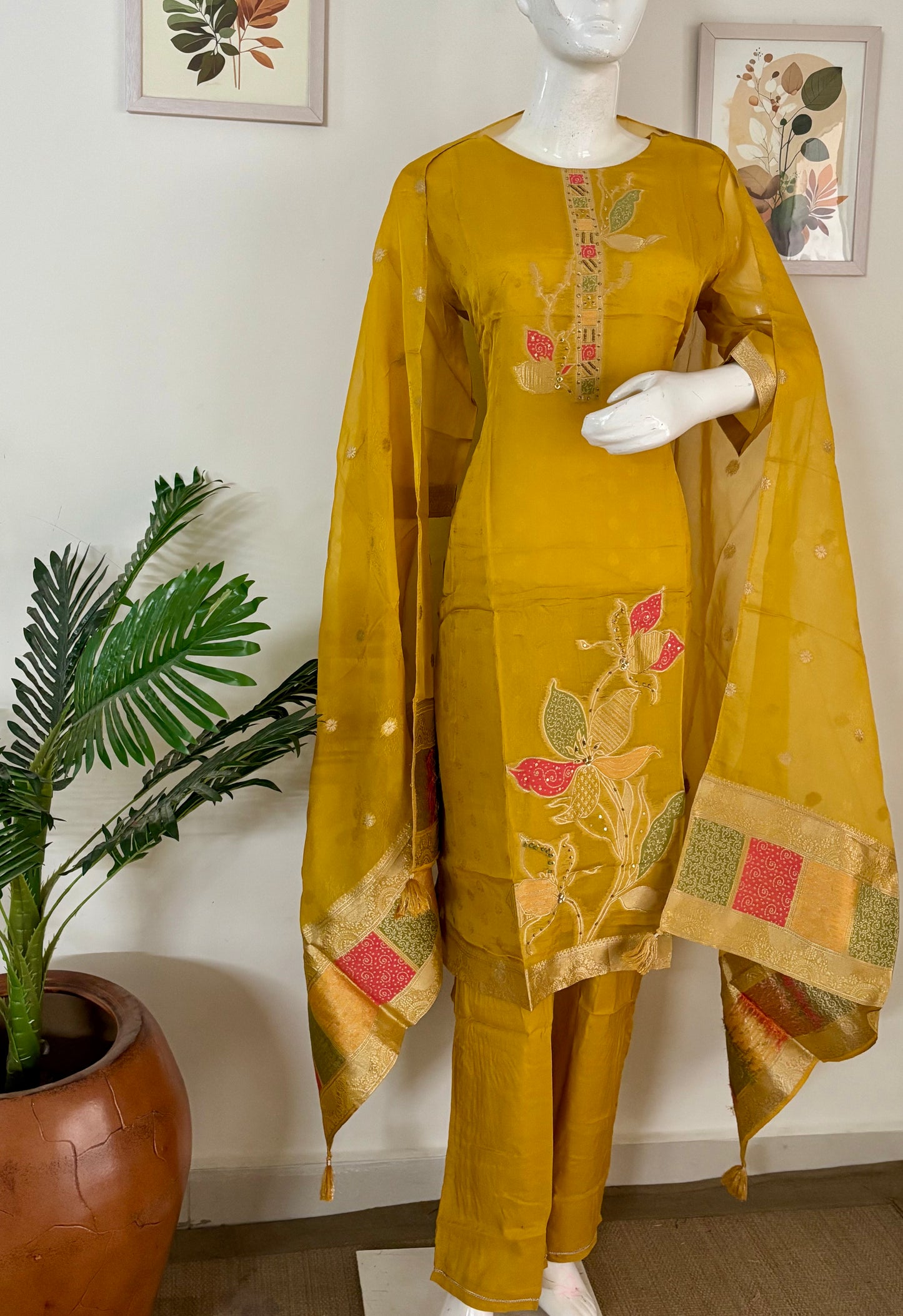 Festive Bloom – Mustard Yellow Organza Silk Set with Banarasi Weaves
