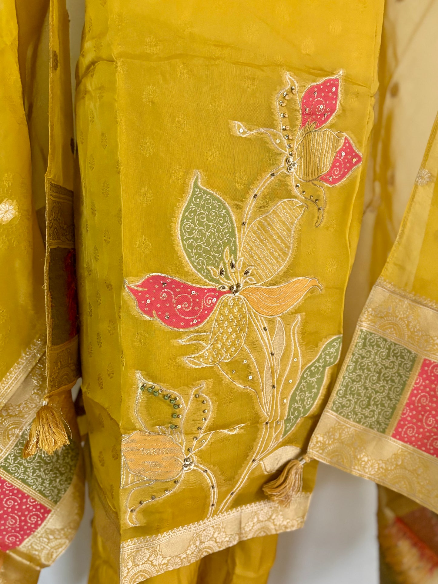 Festive Bloom – Mustard Yellow Organza Silk Set with Banarasi Weaves