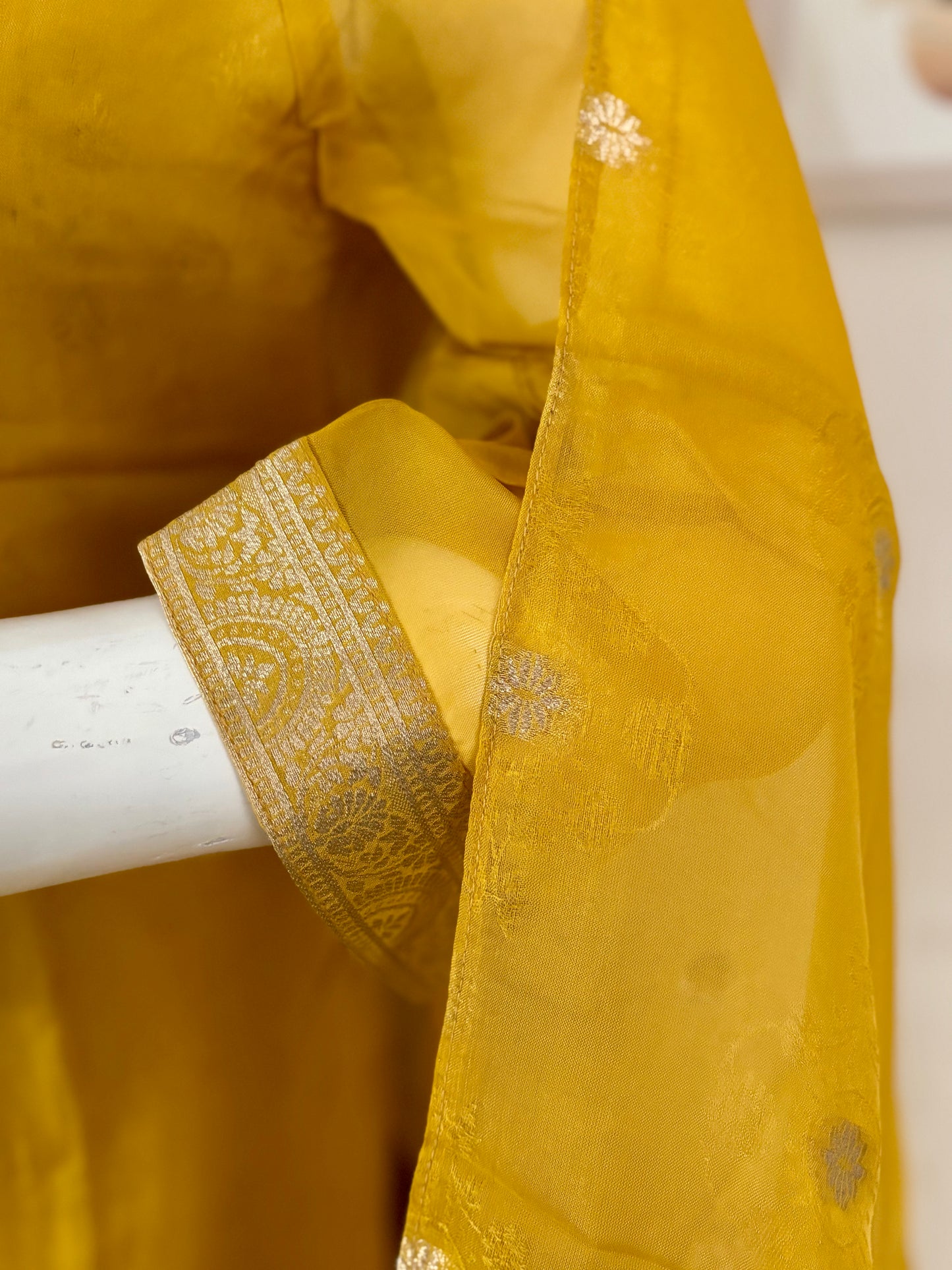 Festive Bloom – Mustard Yellow Organza Silk Set with Banarasi Weaves