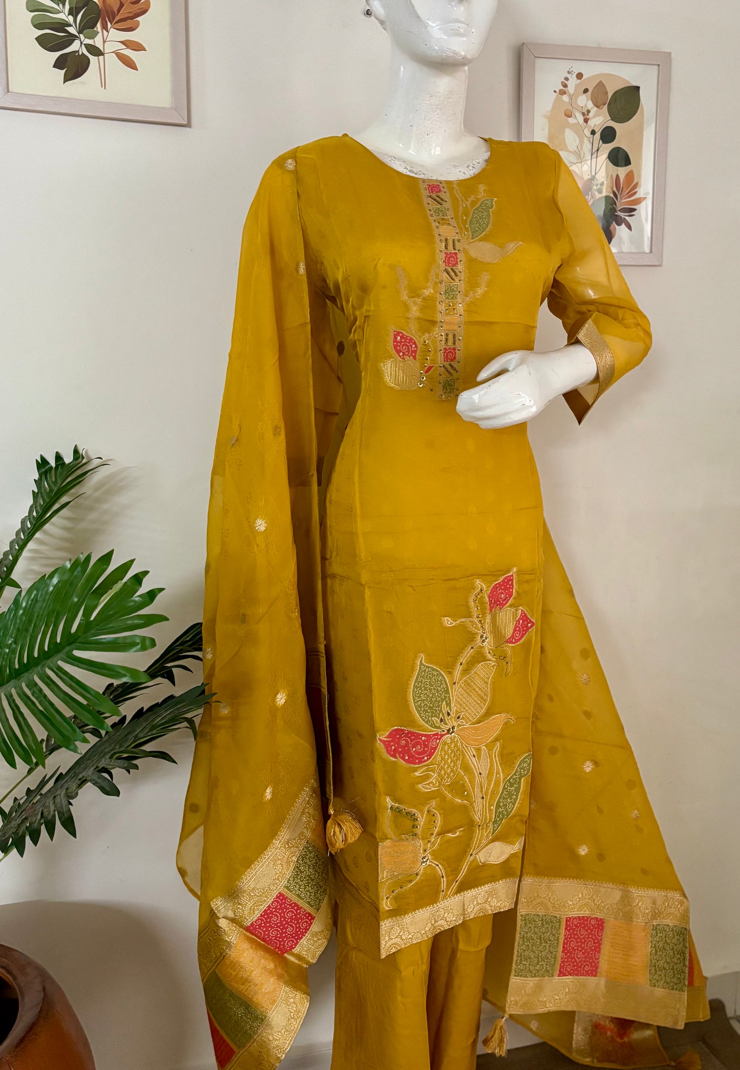 Festive Bloom – Mustard Yellow Organza Silk Set with Banarasi Weaves