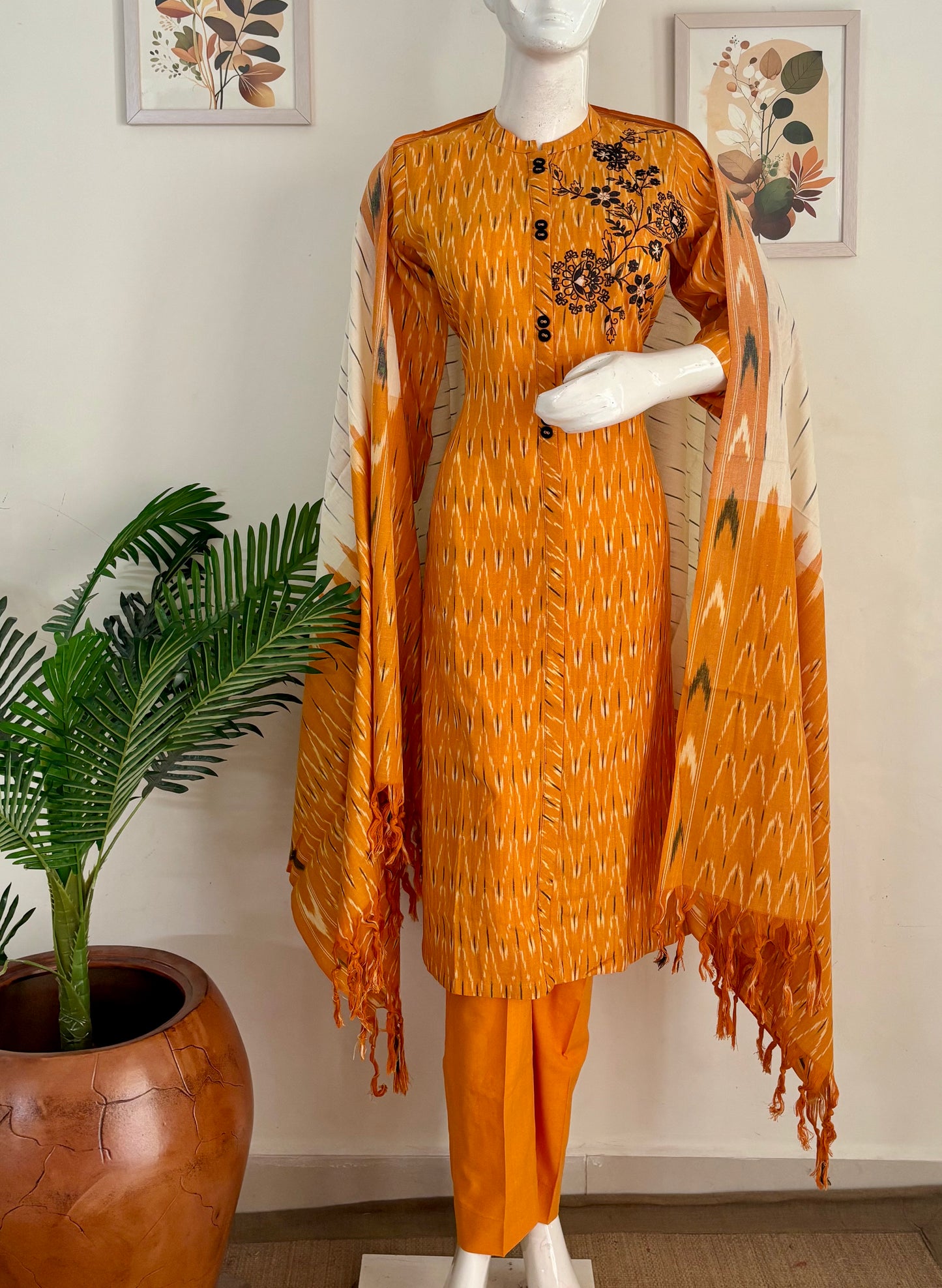 Mustard Ikkat Handloom Cotton Kurta Set