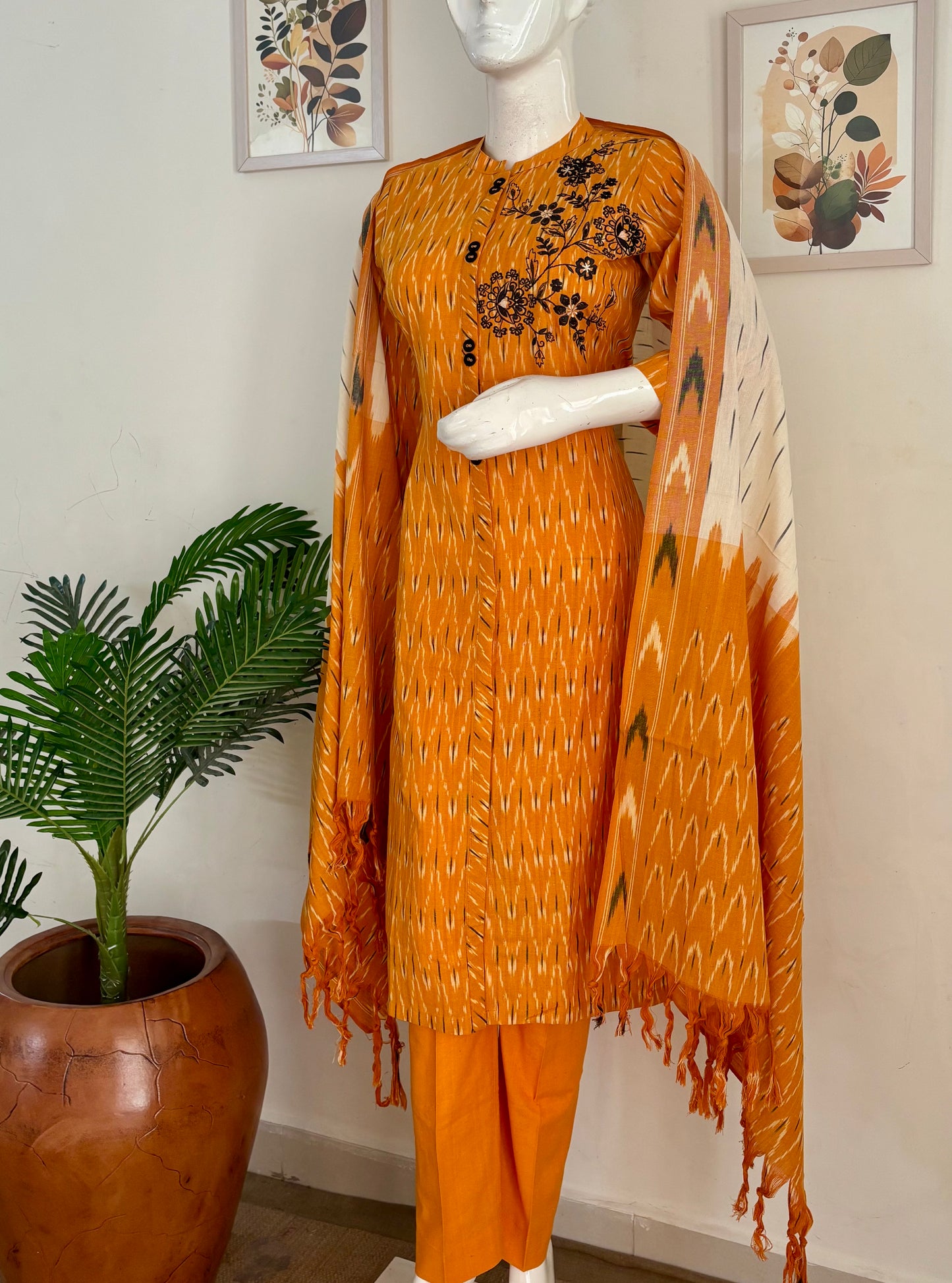 Mustard Ikkat Handloom Cotton Kurta Set