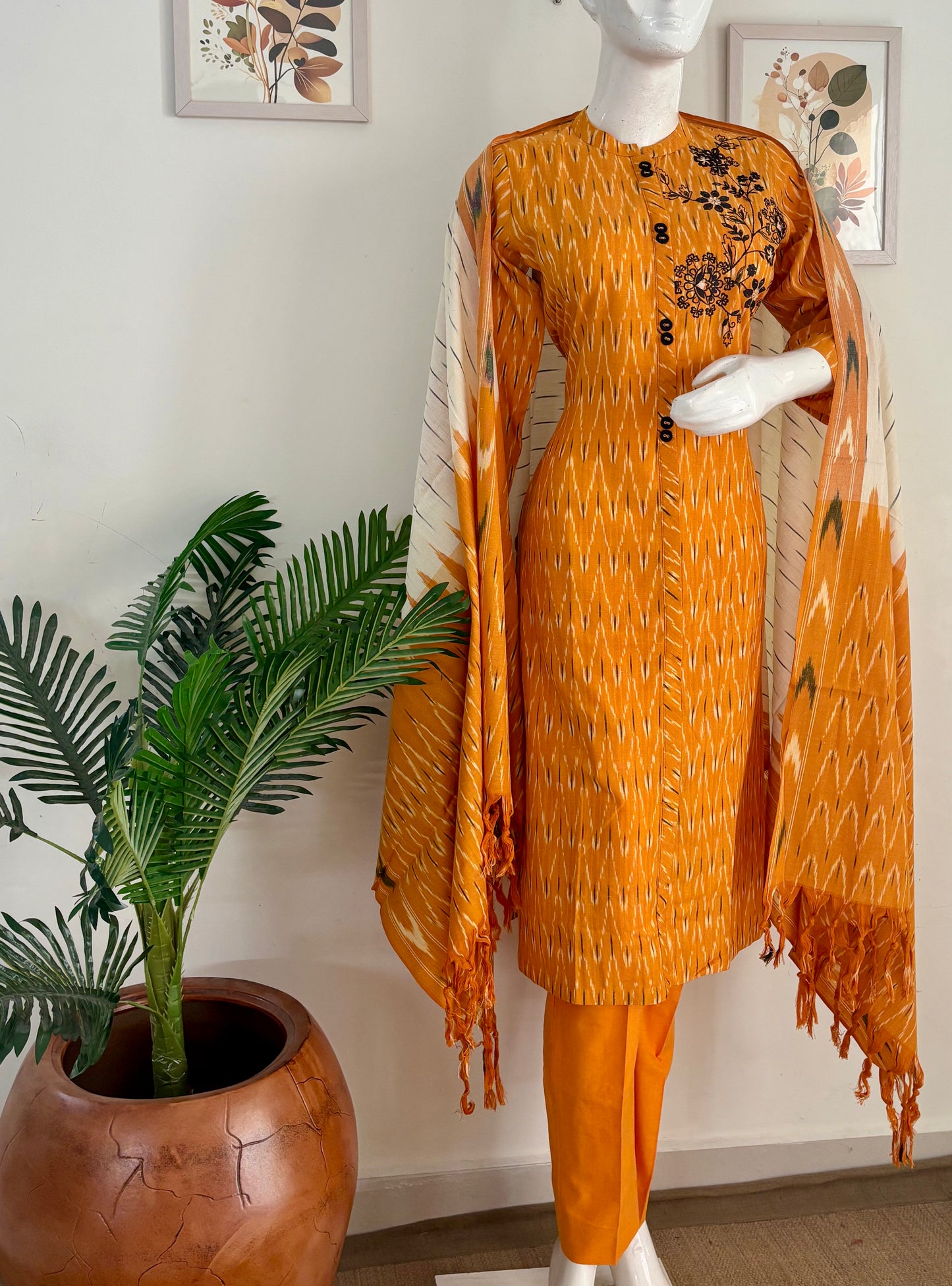Mustard Ikkat Handloom Cotton Kurta Set