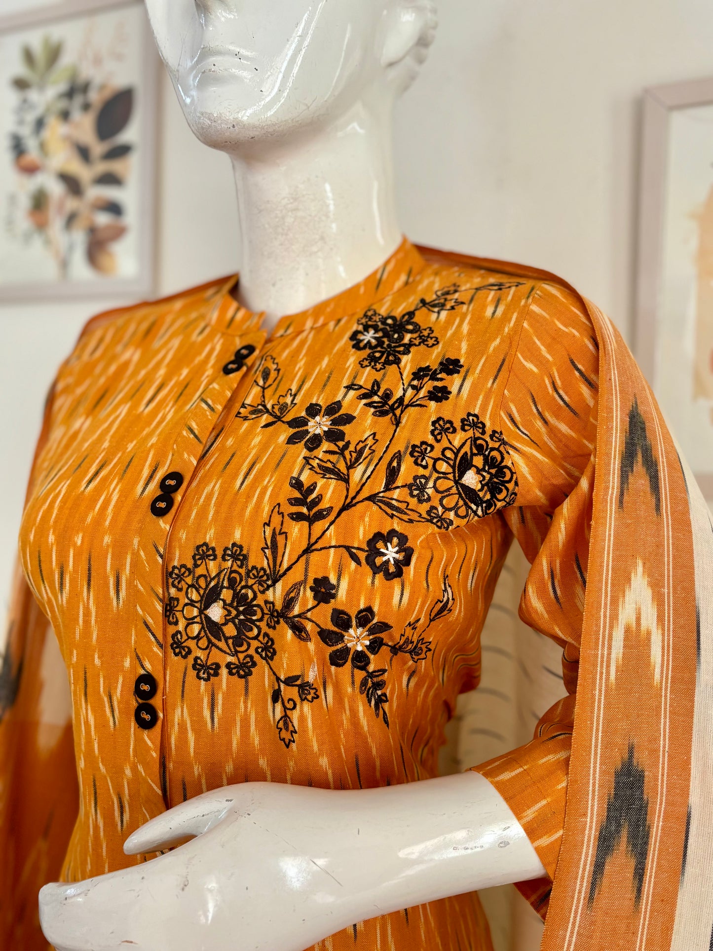 Mustard Ikkat Handloom Cotton Kurta Set