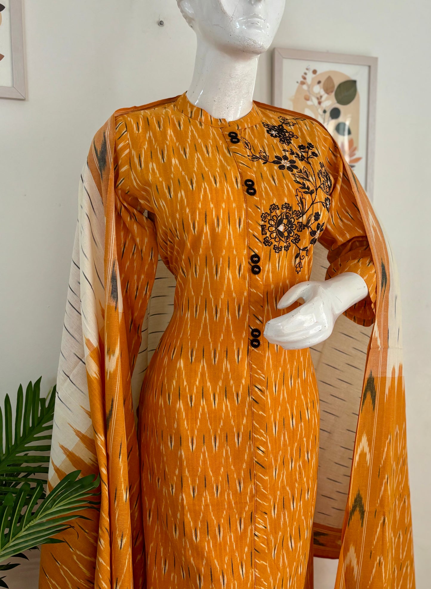 Mustard Ikkat Handloom Cotton Kurta Set