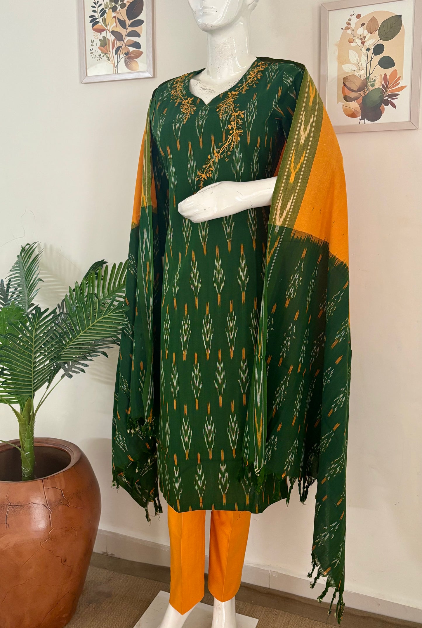 Green Handloom Cotton Ikkat Kurta Set