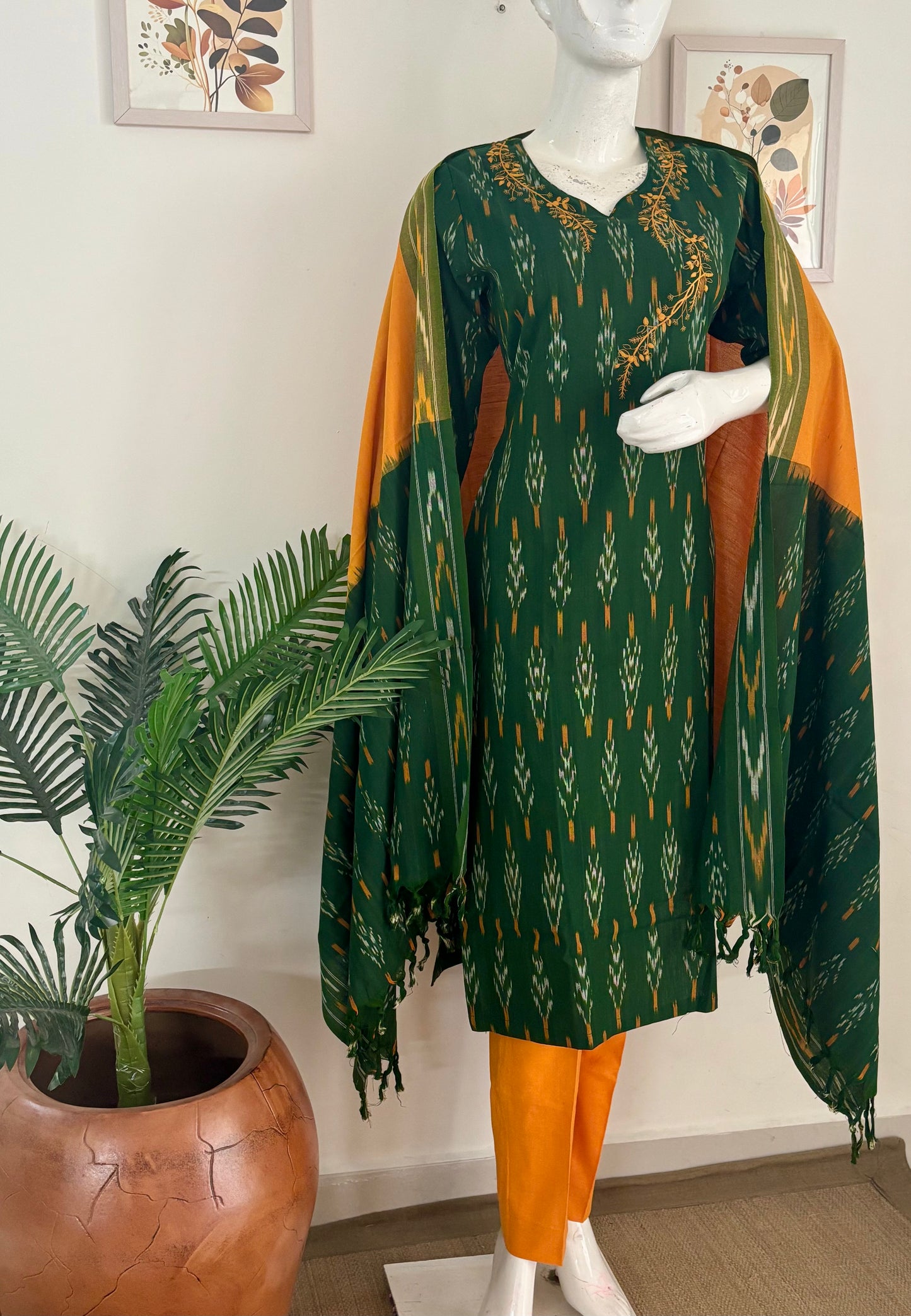 Green Handloom Cotton Ikkat Kurta Set