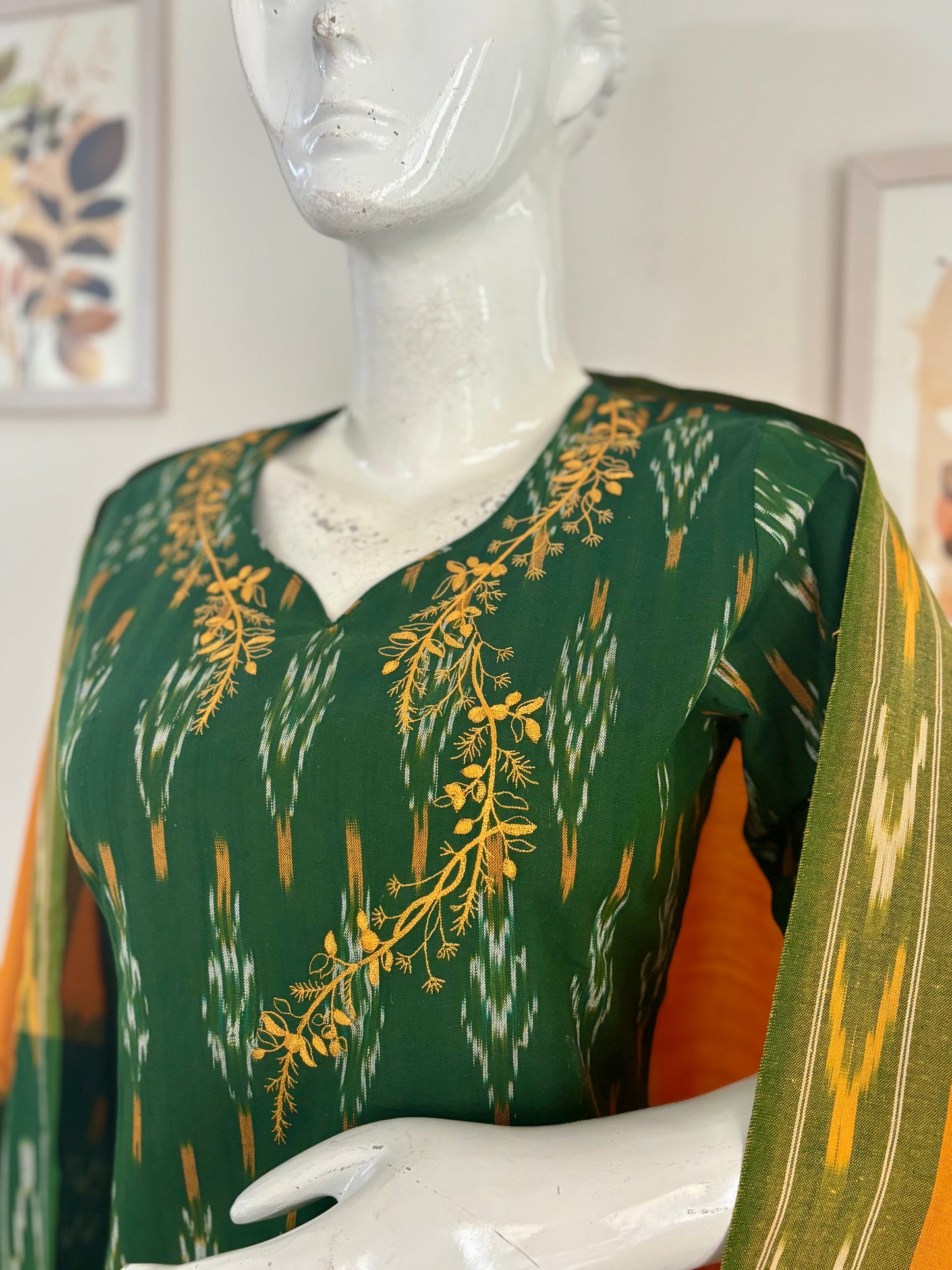 Green Handloom Cotton Ikkat Kurta Set