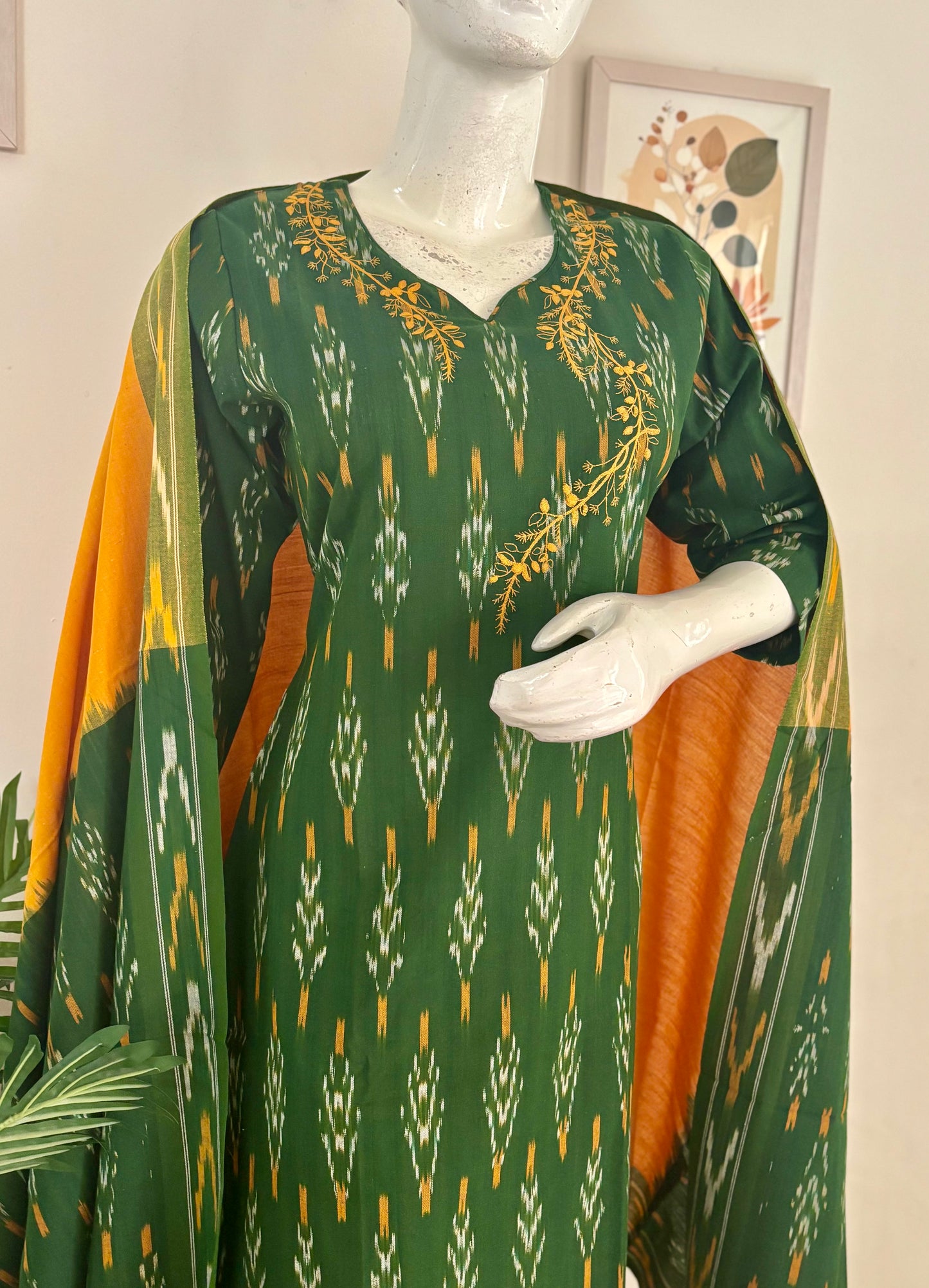 Green Handloom Cotton Ikkat Kurta Set