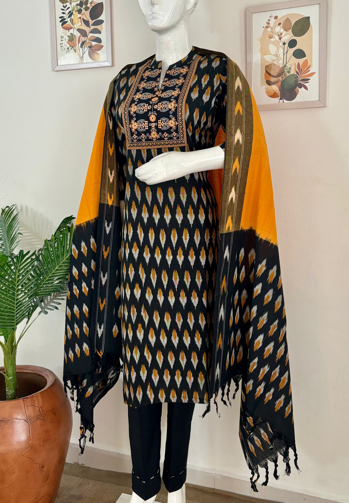 Black Handloom Cotton Ikkat Kurta Set